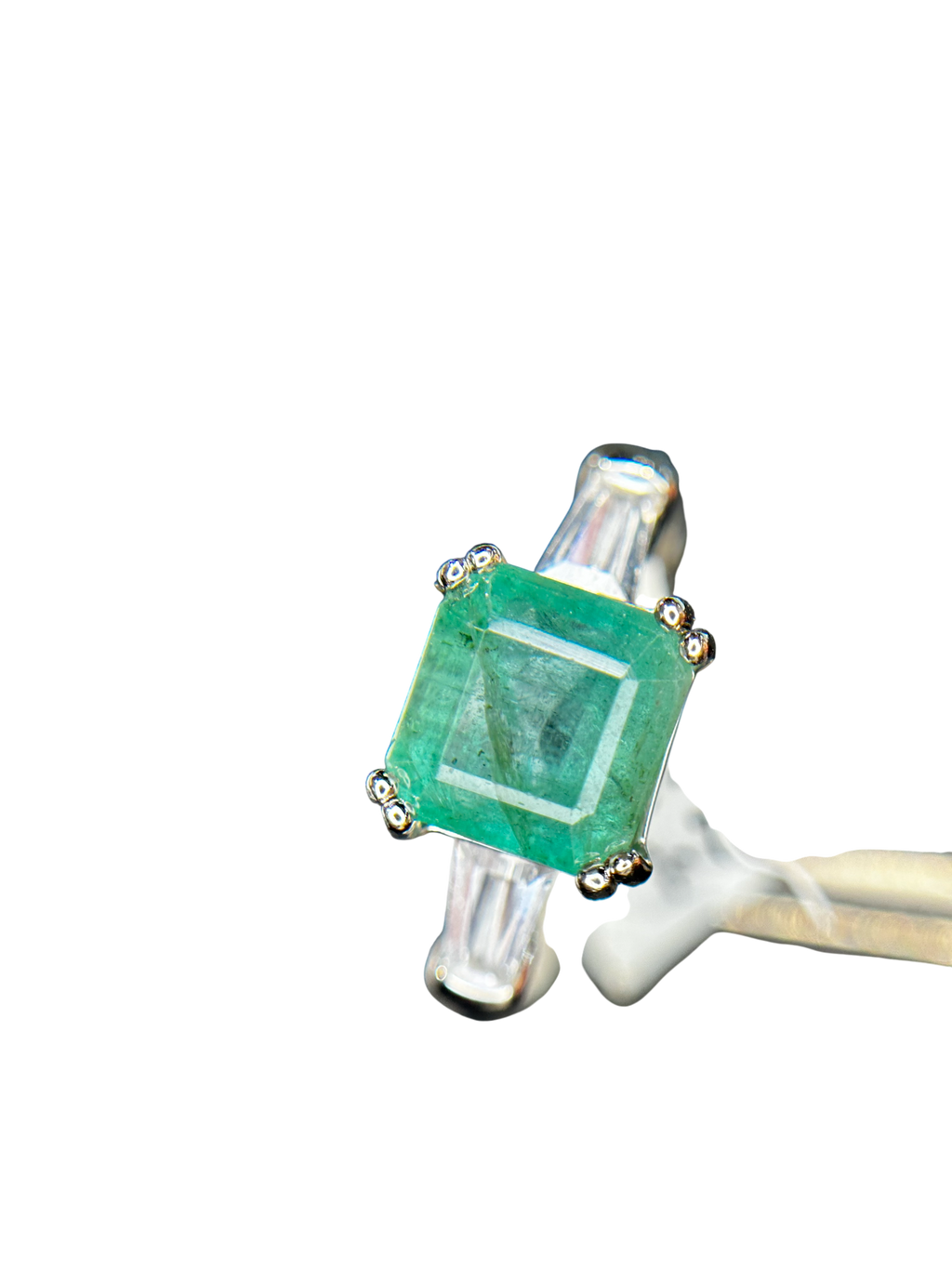 Classic Elegance: Natural Emerald-Cut Emerald Ring with Baguette Accents in 925 Silver
