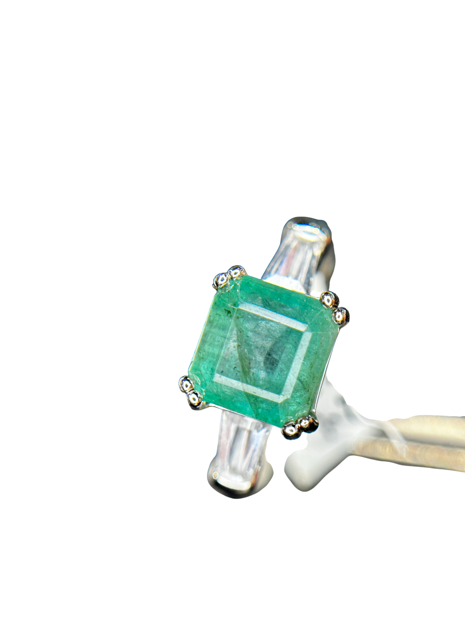 Classic Elegance: Natural Emerald-Cut Emerald Ring with Baguette Accents in 925 Silver