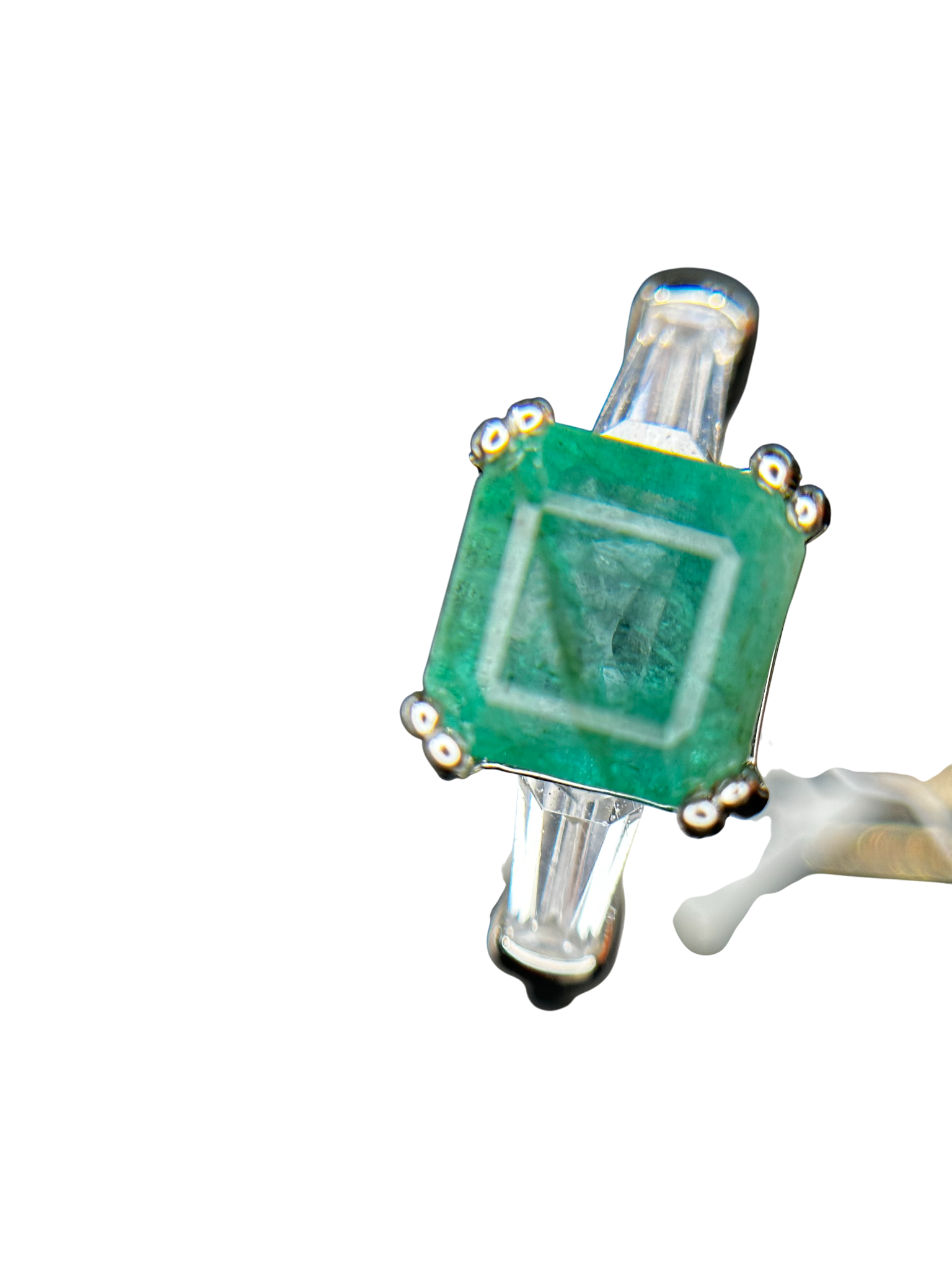 Classic Elegance: Natural Emerald-Cut Emerald Ring with Baguette Accents in 925 Silver