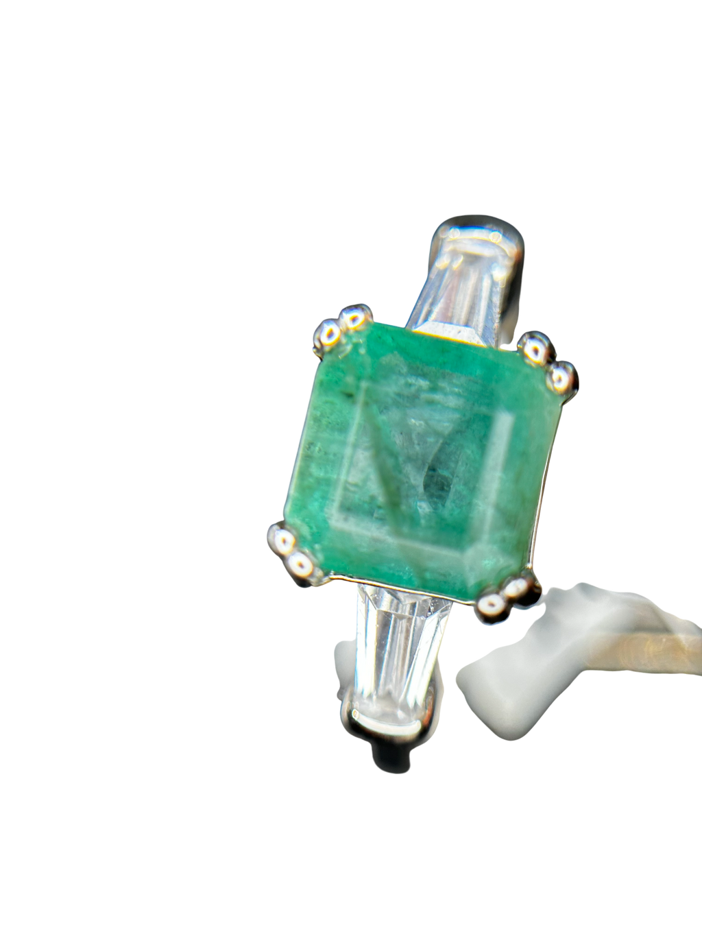 Classic Elegance: Natural Emerald-Cut Emerald Ring with Baguette Accents in 925 Silver