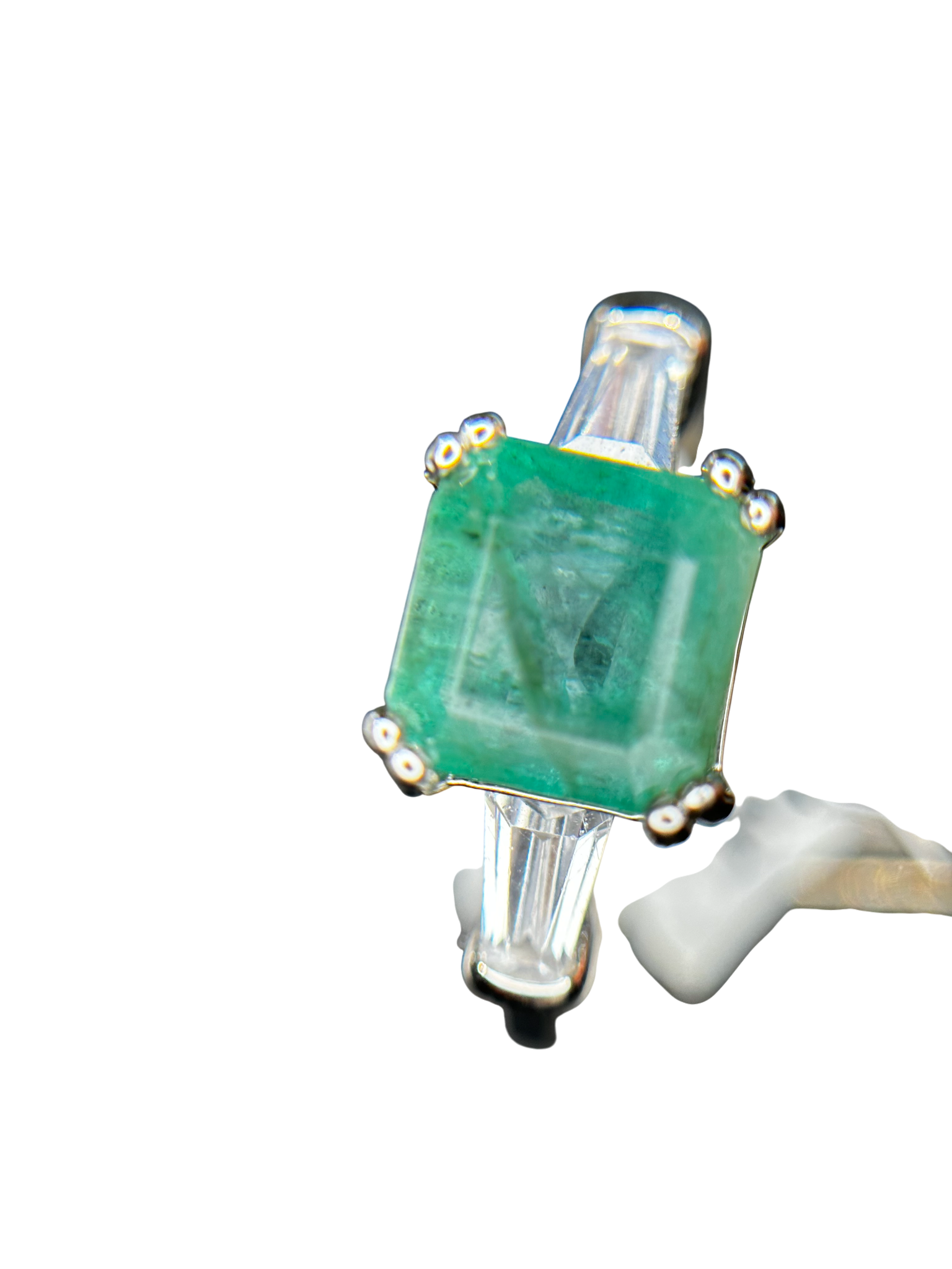 Classic Elegance: Natural Emerald-Cut Emerald Ring with Baguette Accents in 925 Silver