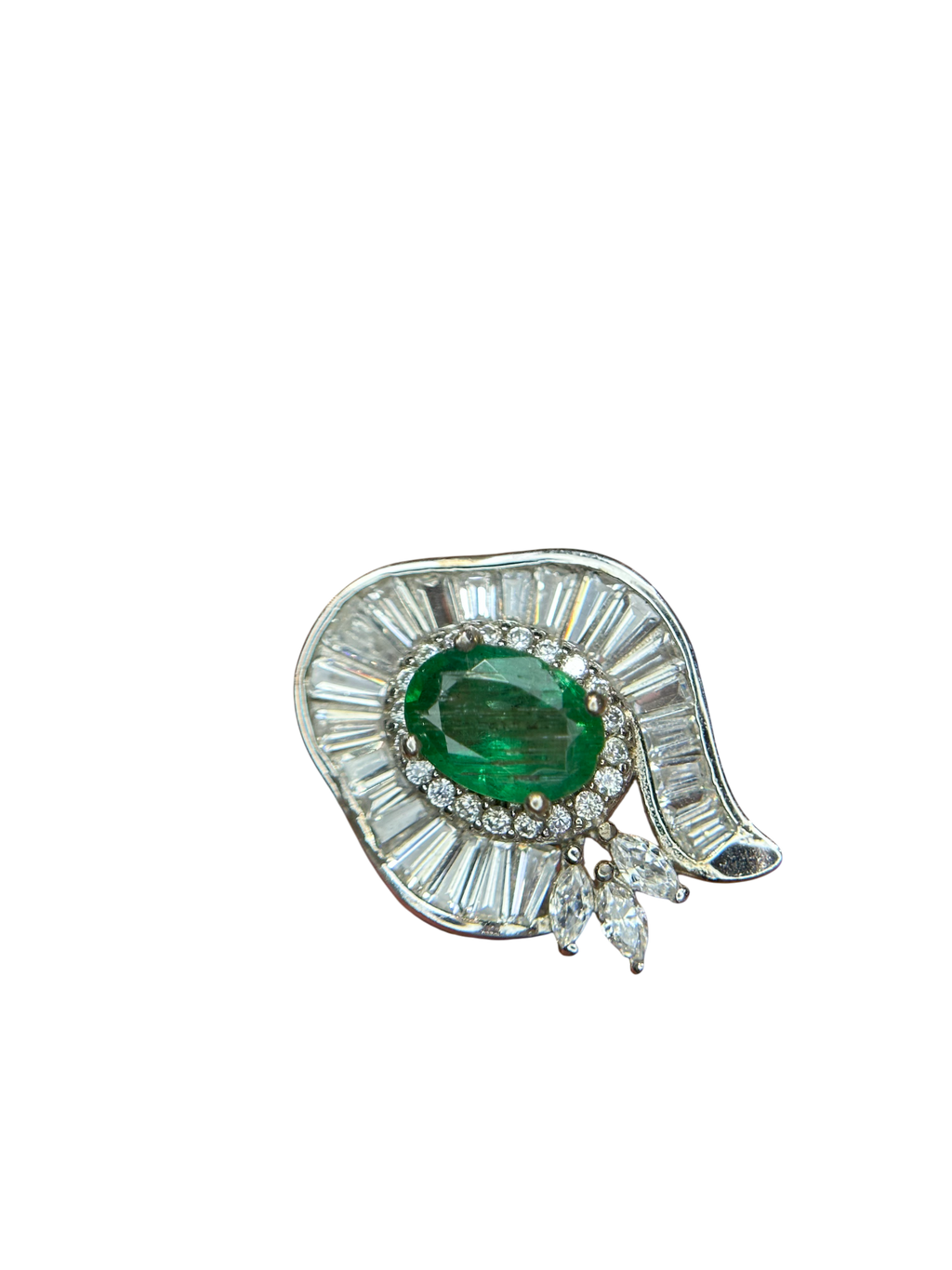 Art Deco Envy: Natural Emerald Cocktail Ring with Baguette Fan Halo in 925 Silver