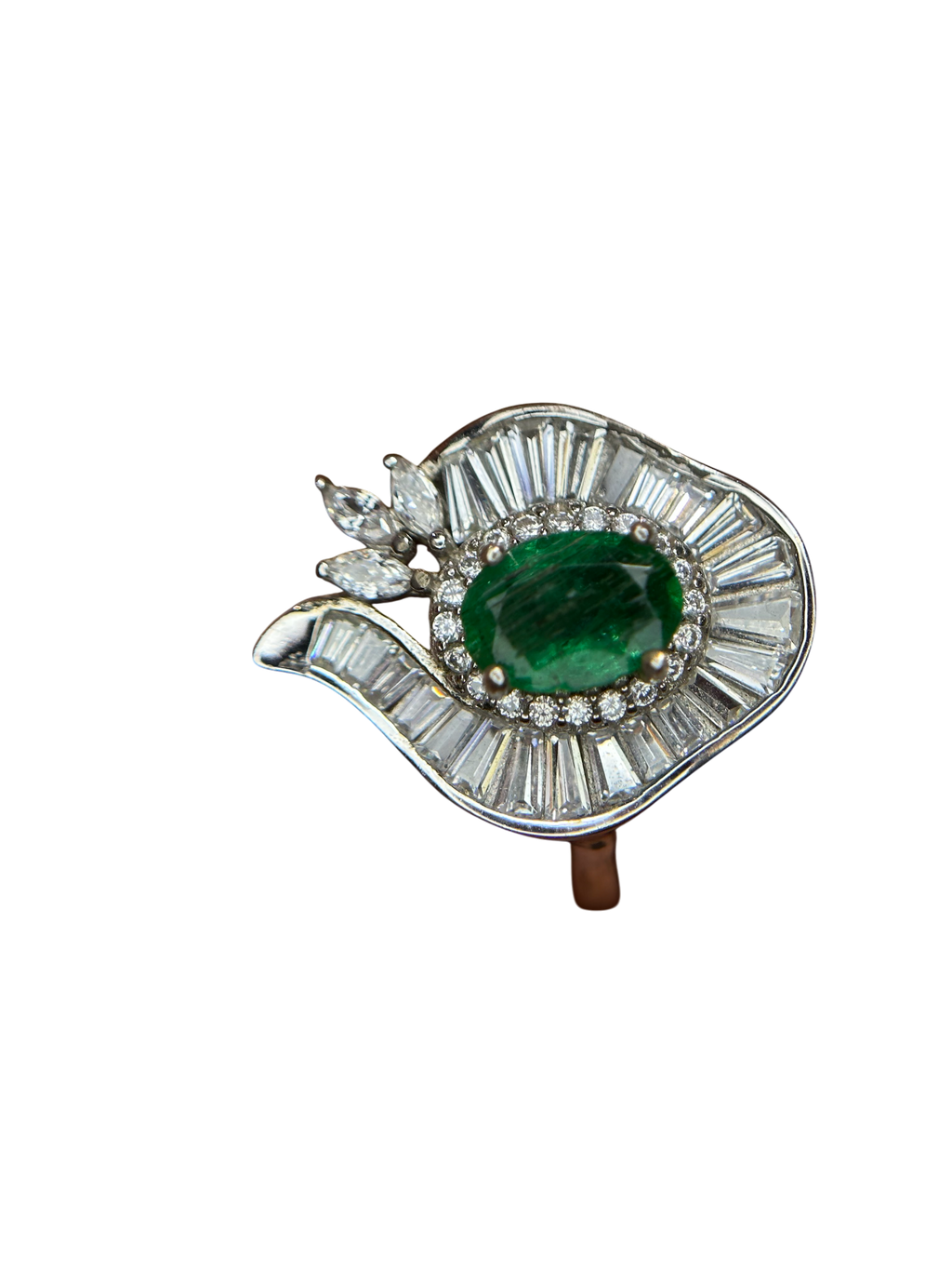Art Deco Envy: Natural Emerald Cocktail Ring with Baguette Fan Halo in 925 Silver