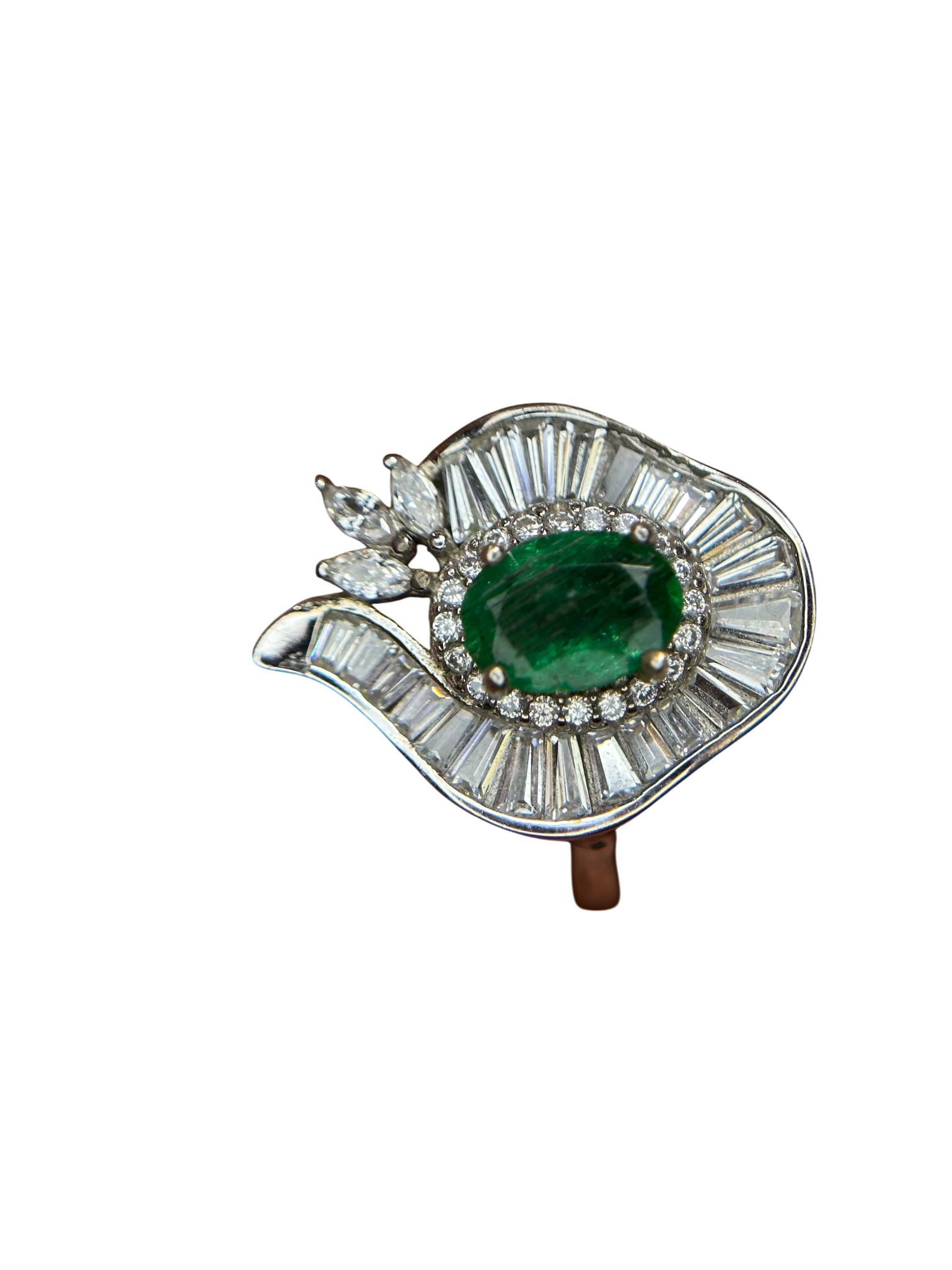 Art Deco Envy: Natural Emerald Cocktail Ring with Baguette Fan Halo in 925 Silver