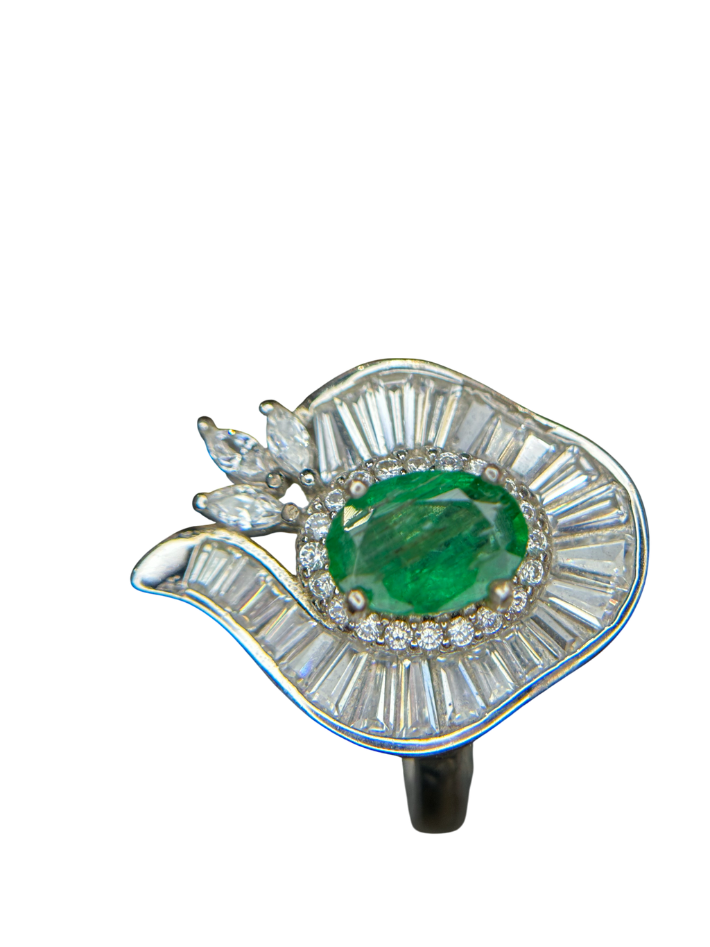 Art Deco Envy: Natural Emerald Cocktail Ring with Baguette Fan Halo in 925 Silver