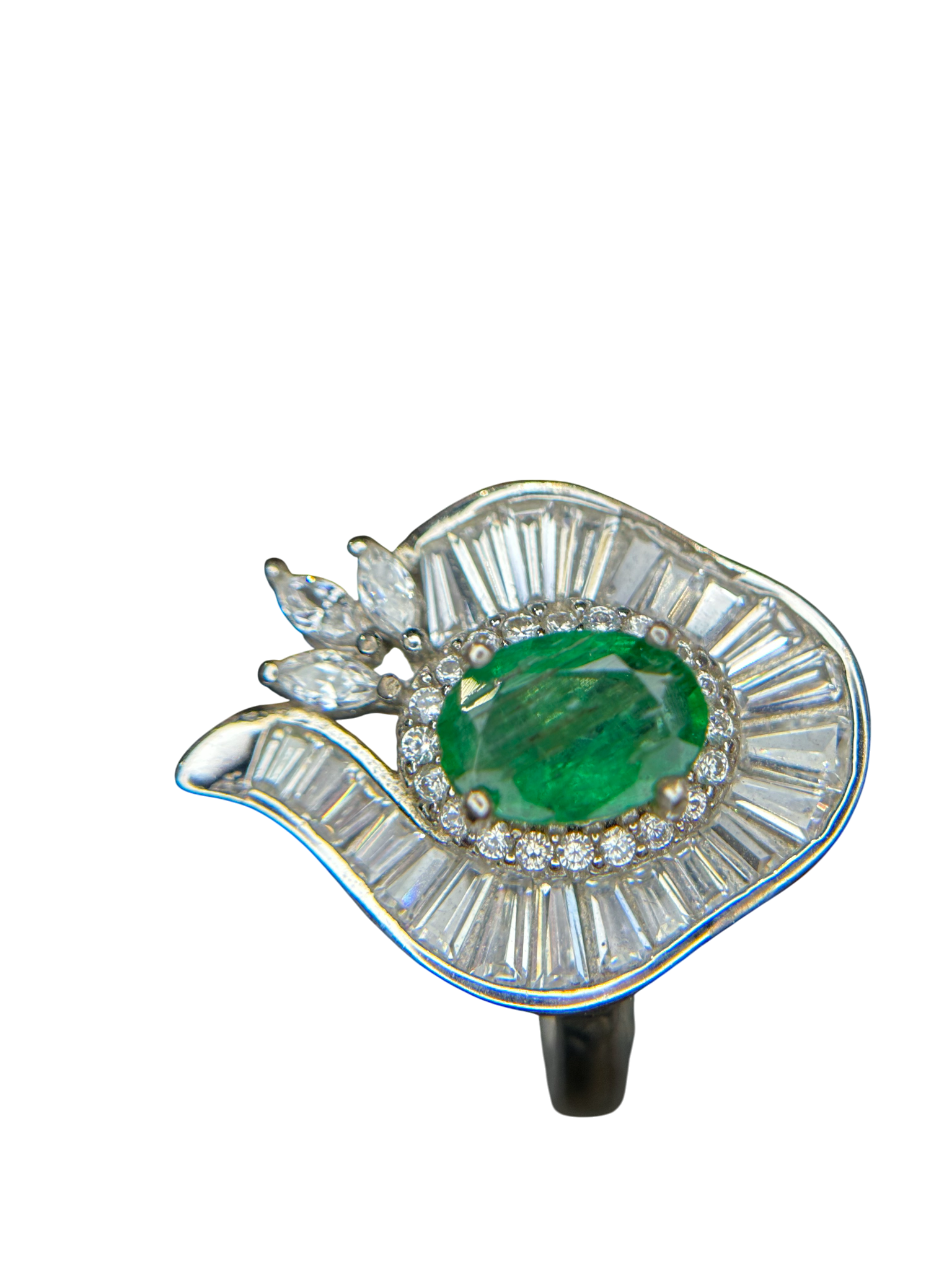 Art Deco Envy: Natural Emerald Cocktail Ring with Baguette Fan Halo in 925 Silver