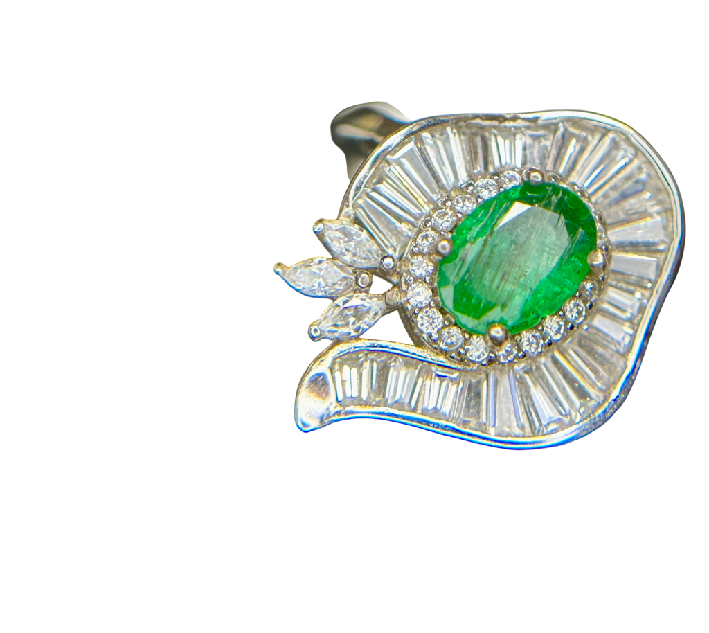 Art Deco Envy: Natural Emerald Cocktail Ring with Baguette Fan Halo in 925 Silver