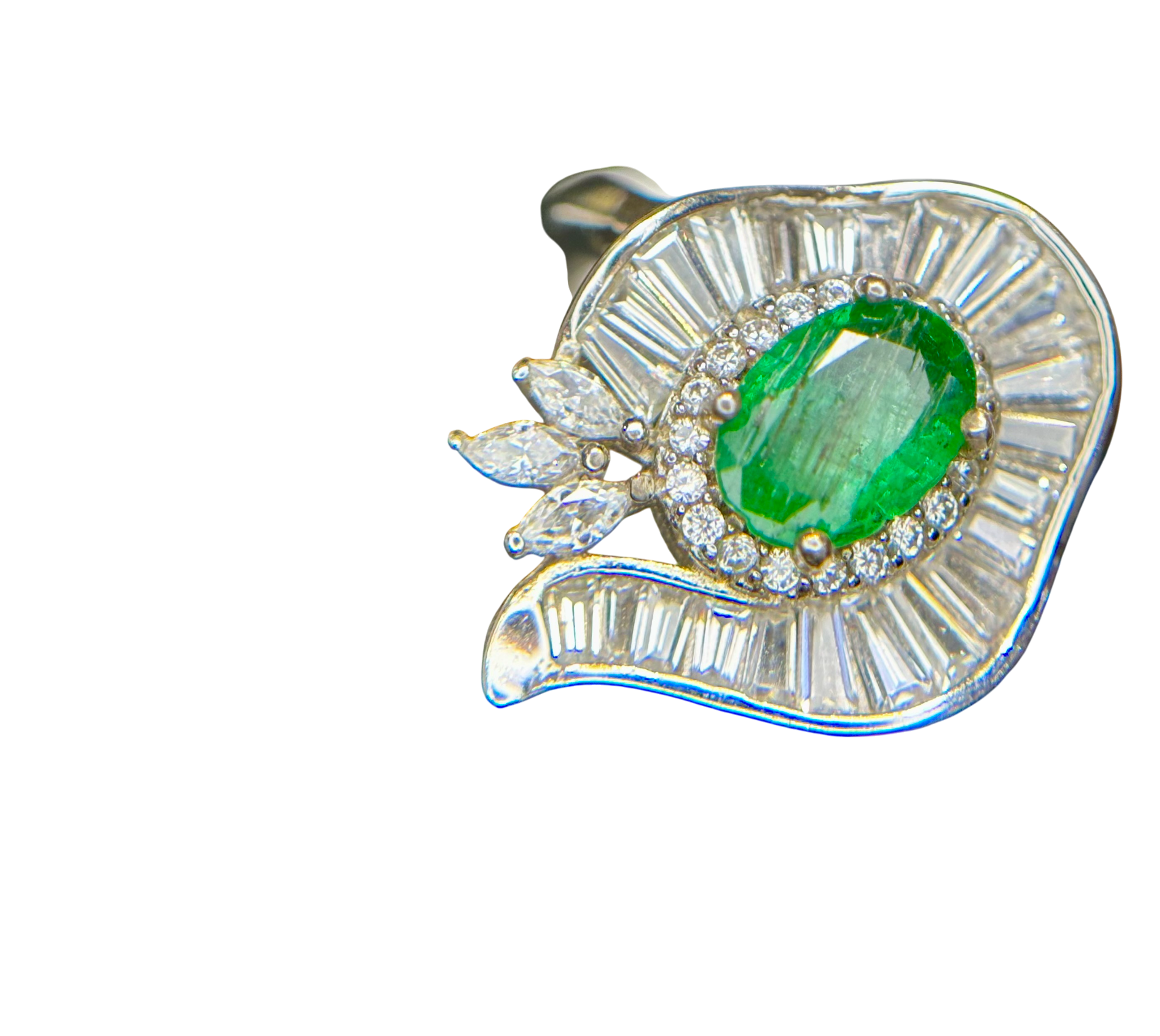 Art Deco Envy: Natural Emerald Cocktail Ring with Baguette Fan Halo in 925 Silver