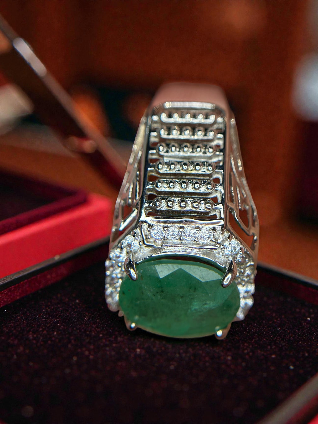 Regal Strength: Natural Emerald Men's Ring in 925 Silver with Detailed Pavé Halo