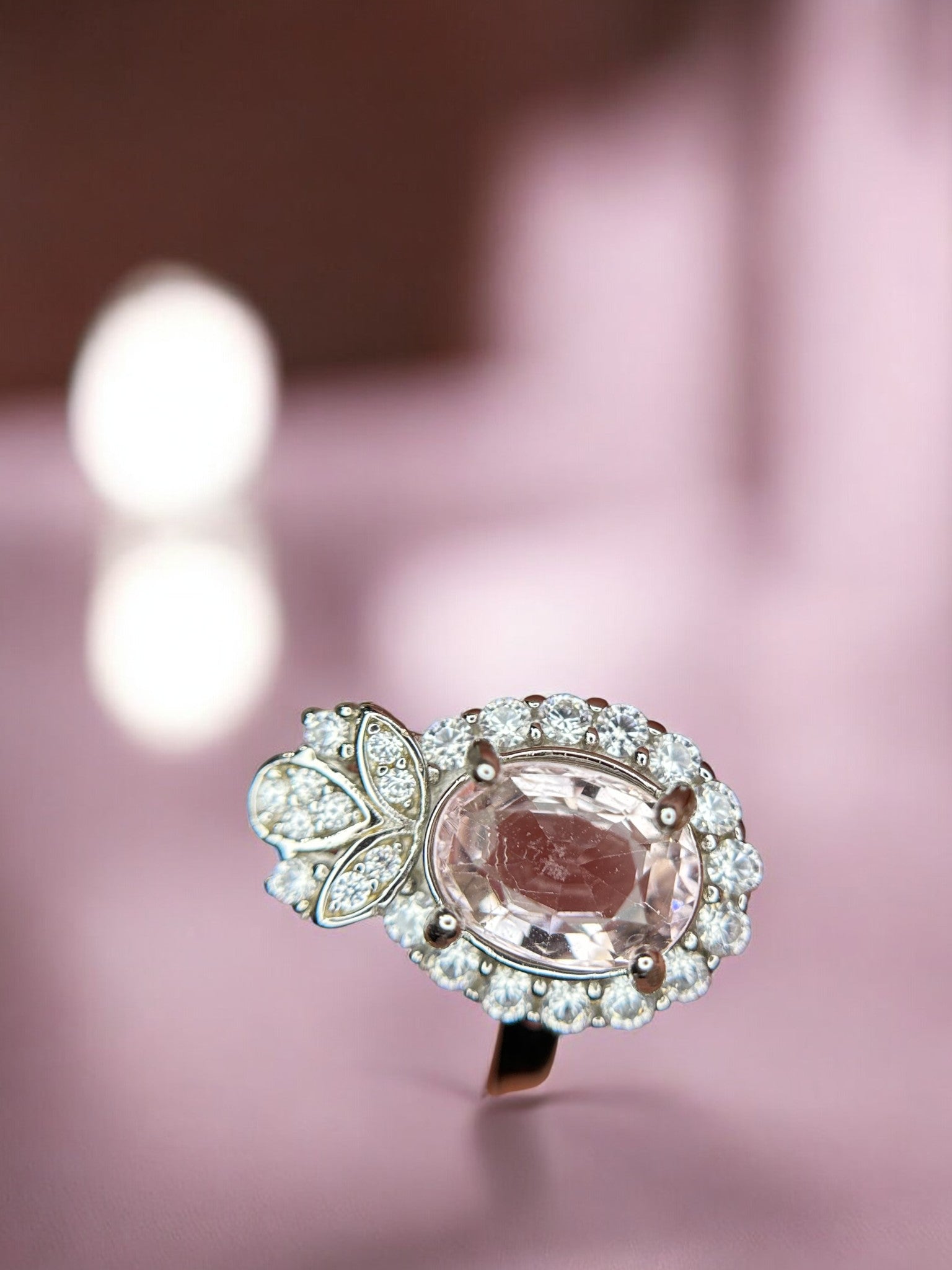 Romantic Bloom: Natural Pink Tourmaline & CZ Floral Accent Ring in 925 Silver