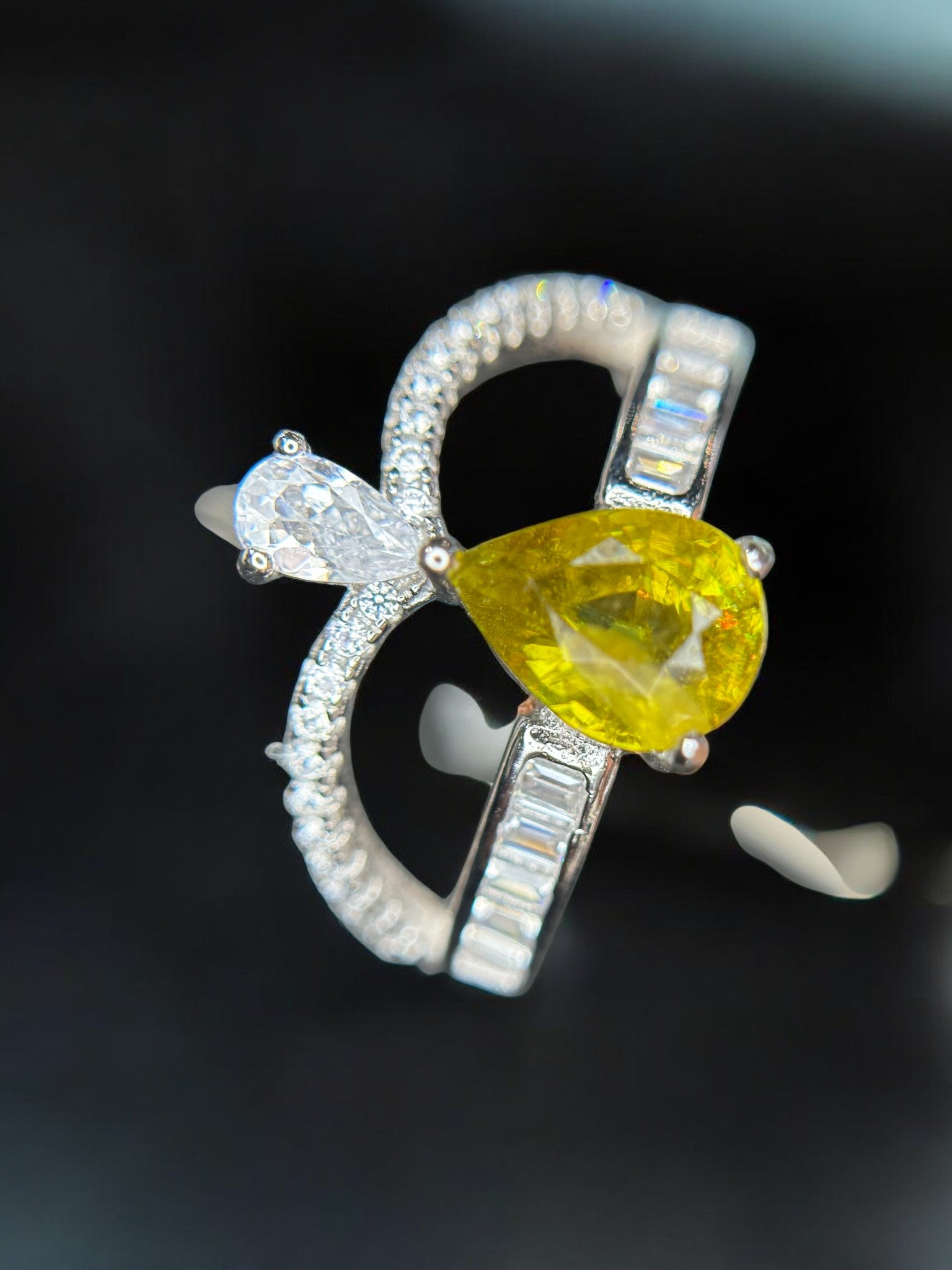 Golden Fire: Natural Sphene (Titanite) & CZ Bypass Ring in 925 Silver