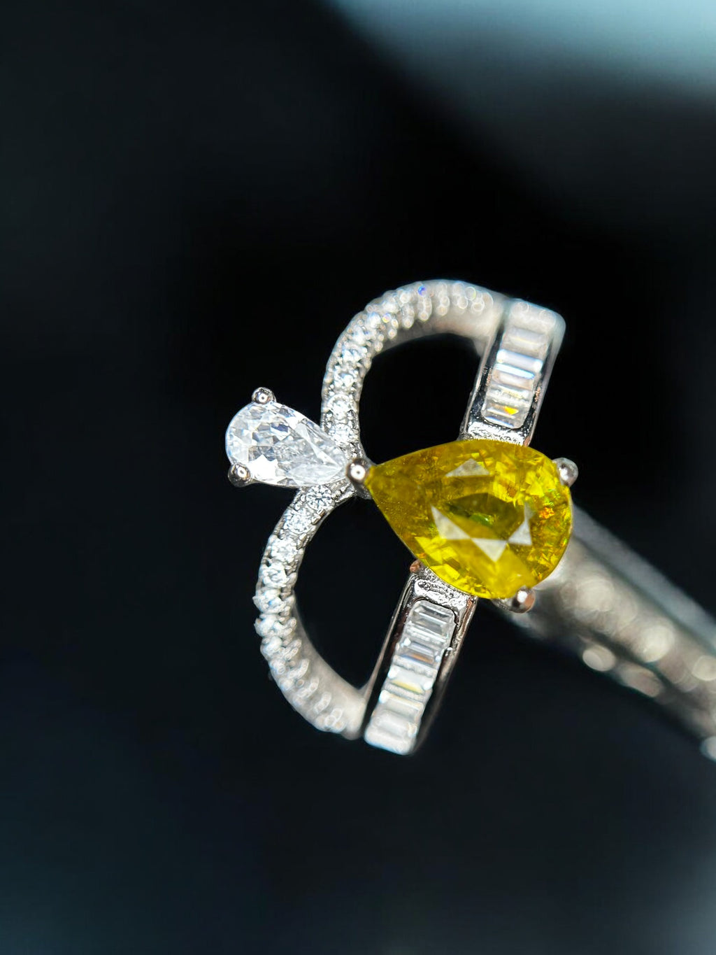 Golden Fire: Natural Sphene (Titanite) & CZ Bypass Ring in 925 Silver