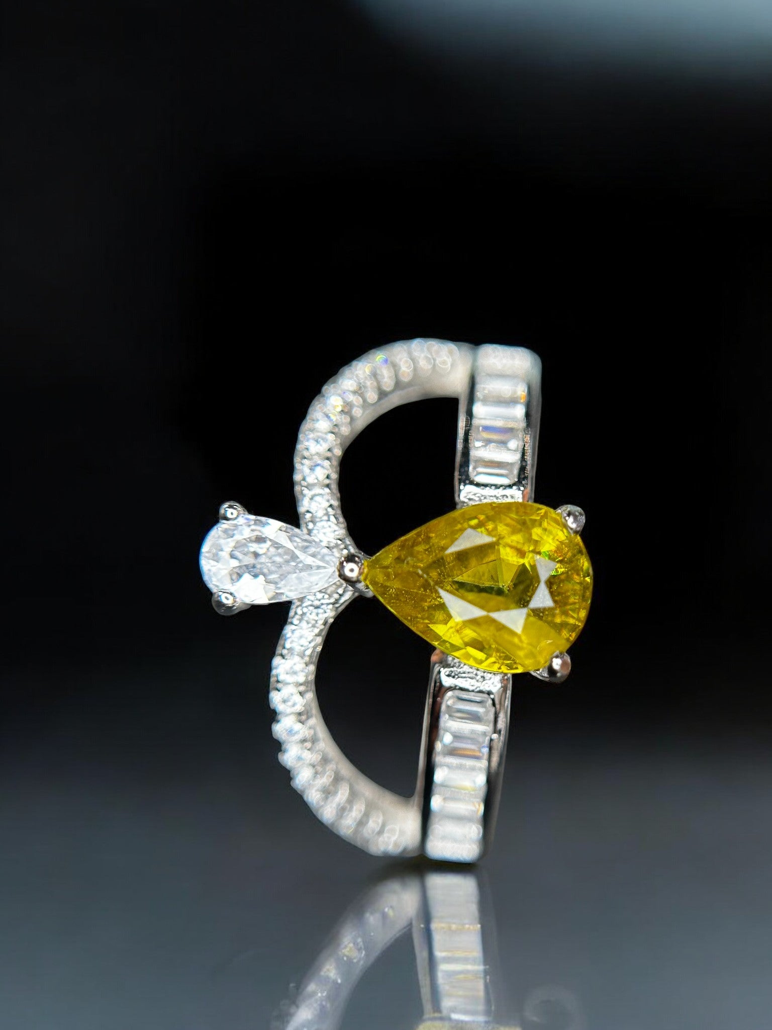 Golden Fire: Natural Sphene (Titanite) & CZ Bypass Ring in 925 Silver