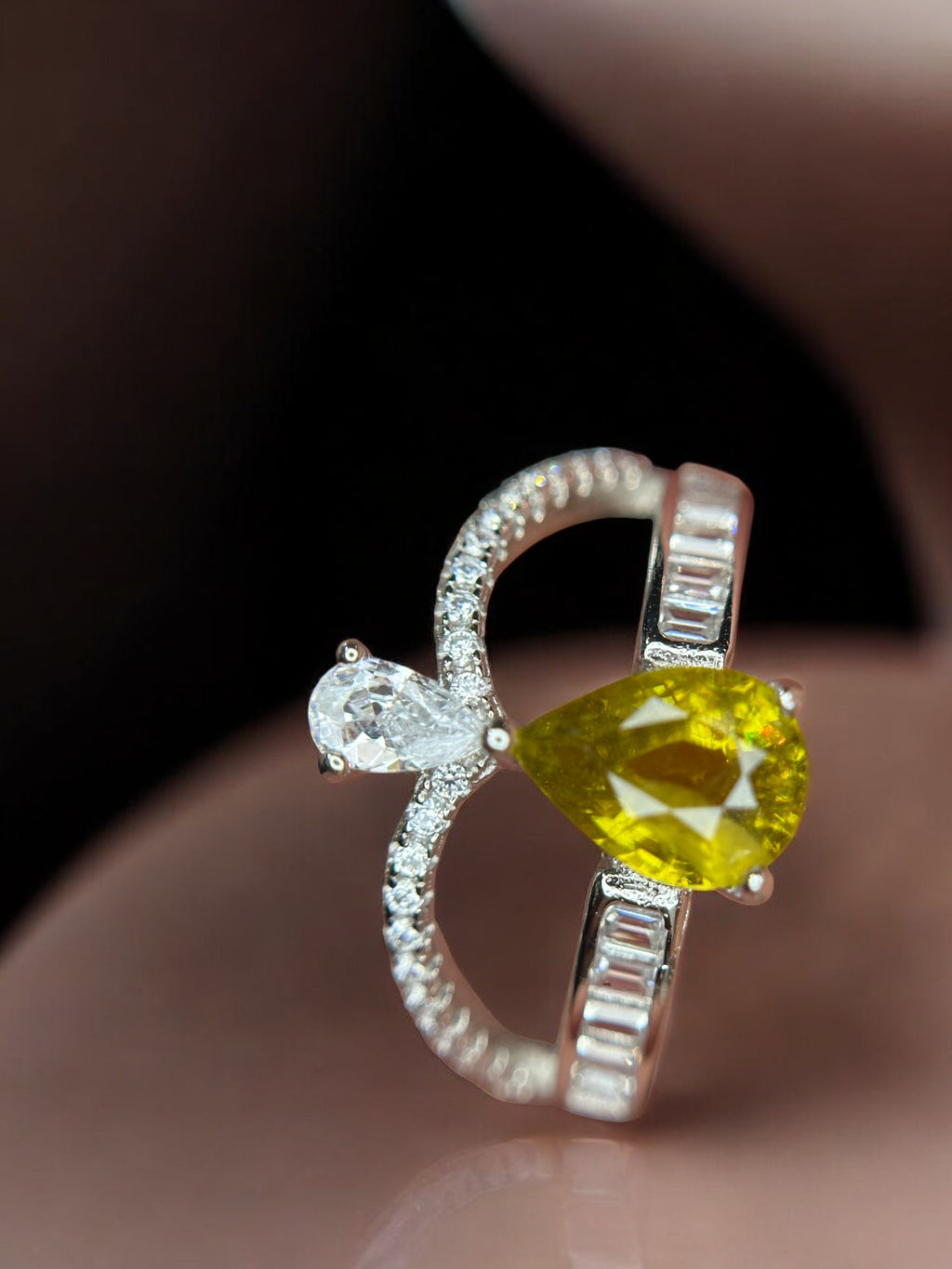 Golden Fire: Natural Sphene (Titanite) & CZ Bypass Ring in 925 Silver