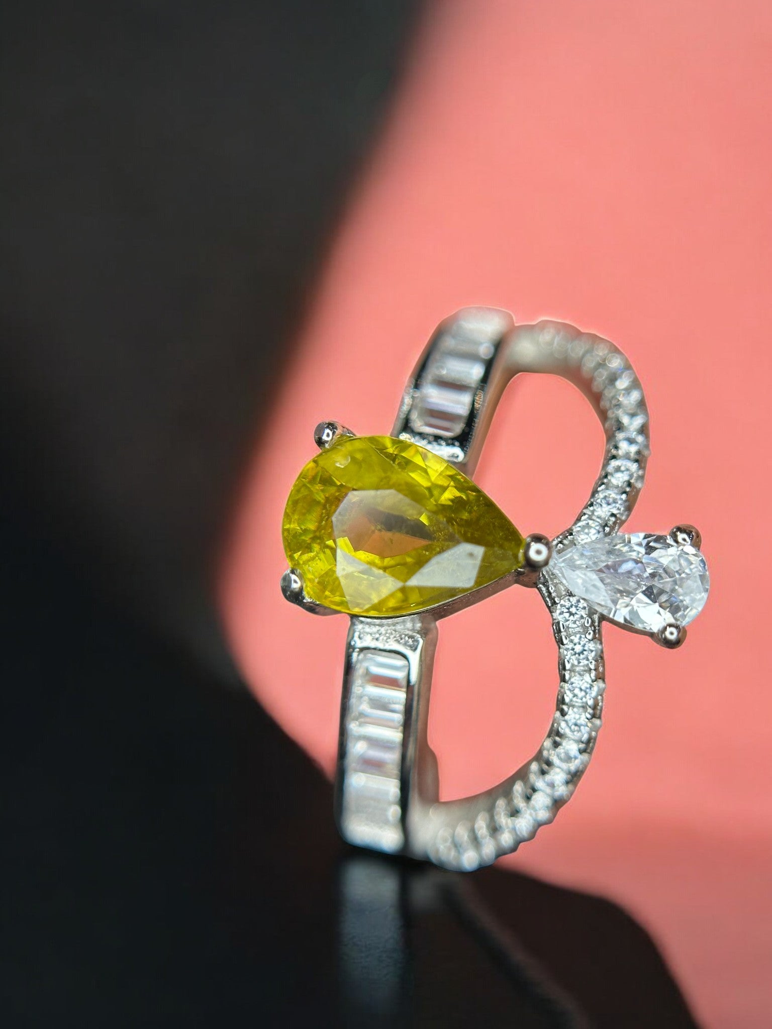 Golden Fire: Natural Sphene (Titanite) & CZ Bypass Ring in 925 Silver