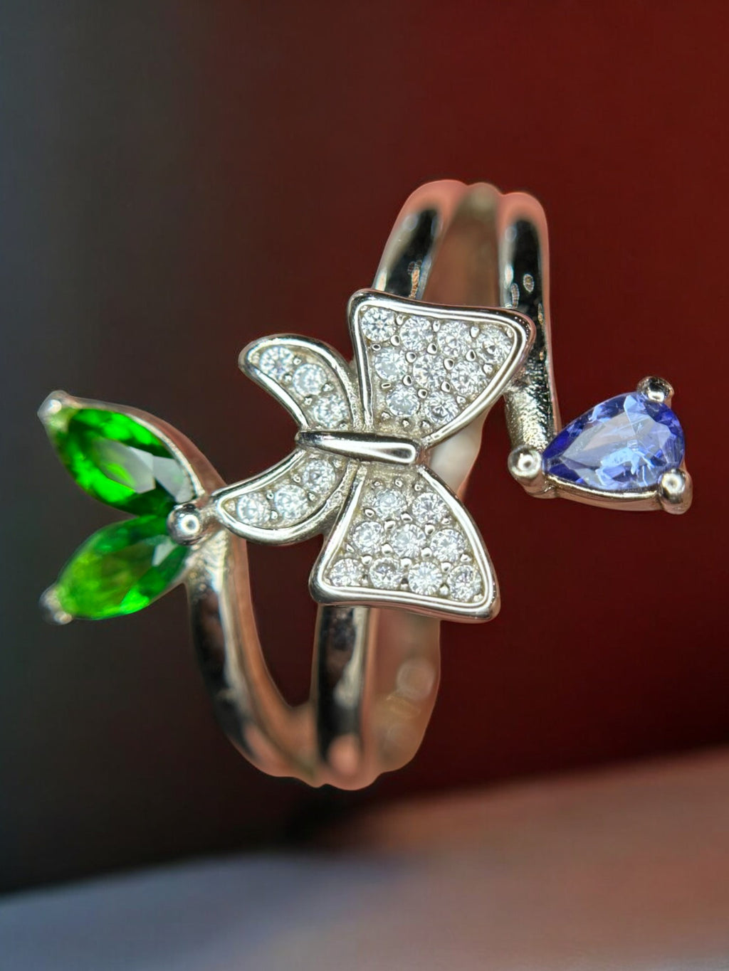 Whimsical Garden: Natural Tanzanite, Chrome Diopside & CZ Bow Bypass Ring in 925 Silver