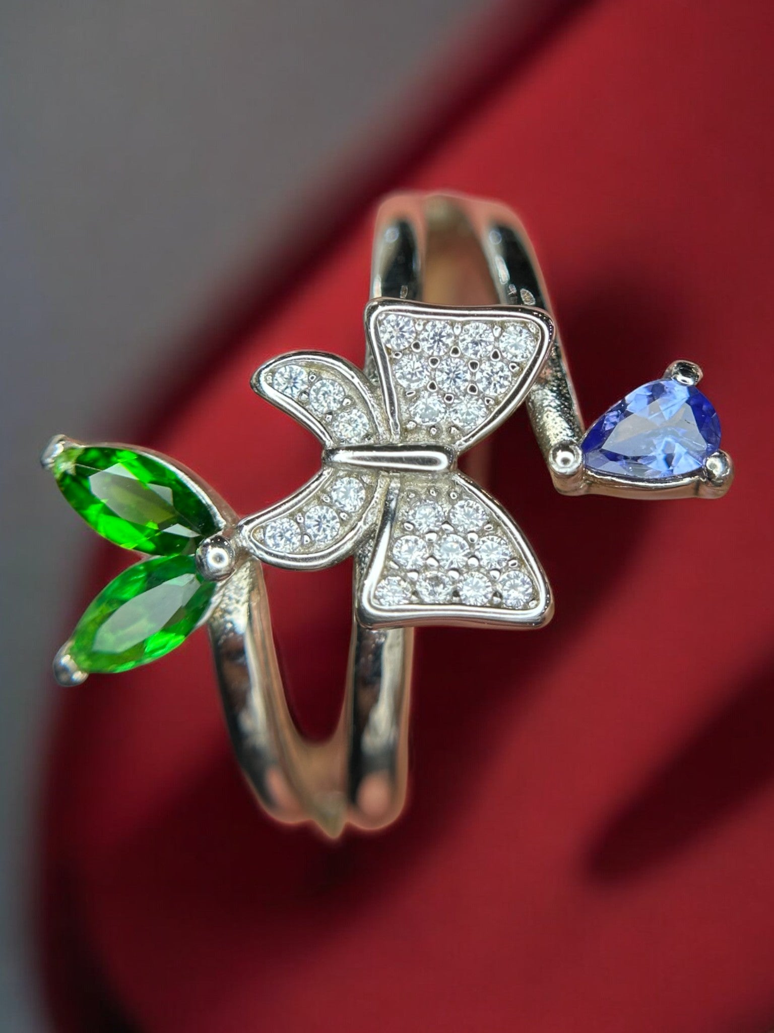 Whimsical Garden: Natural Tanzanite, Chrome Diopside & CZ Bow Bypass Ring in 925 Silver