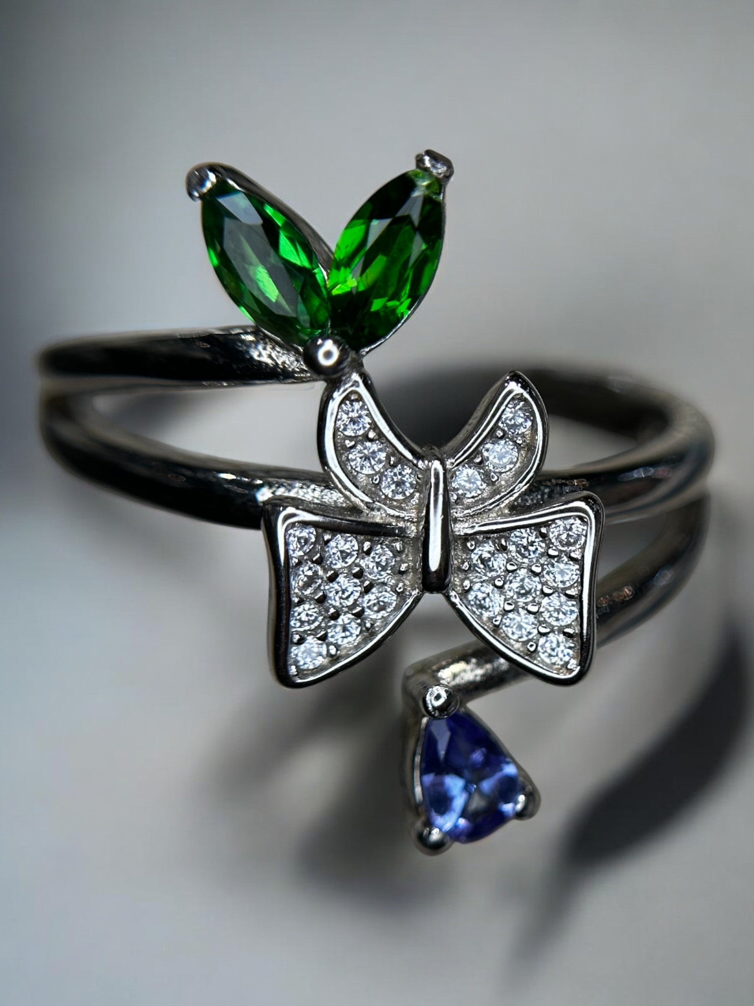 Whimsical Garden: Natural Tanzanite, Chrome Diopside & CZ Bow Bypass Ring in 925 Silver