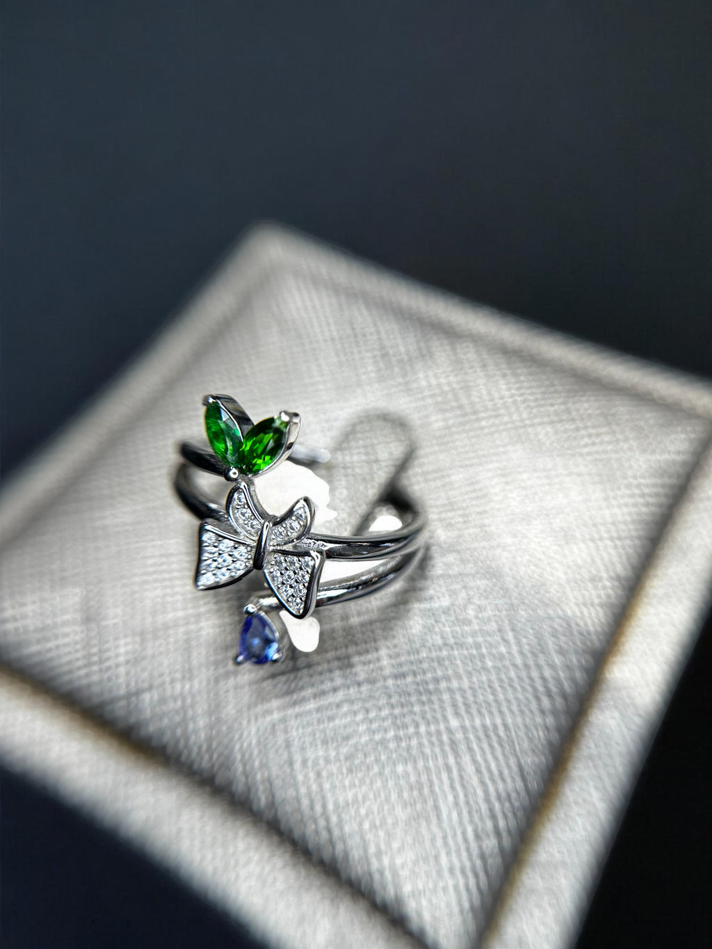Whimsical Garden: Natural Tanzanite, Chrome Diopside & CZ Bow Bypass Ring in 925 Silver
