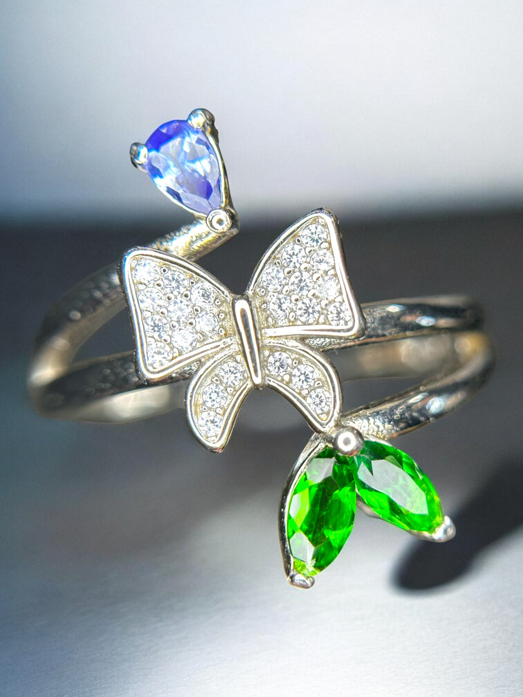 Whimsical Garden: Natural Tanzanite, Chrome Diopside & CZ Bow Bypass Ring in 925 Silver