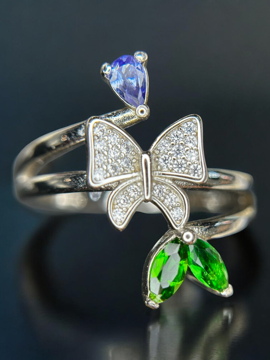 Whimsical Garden: Natural Tanzanite, Chrome Diopside & CZ Bow Bypass Ring in 925 Silver