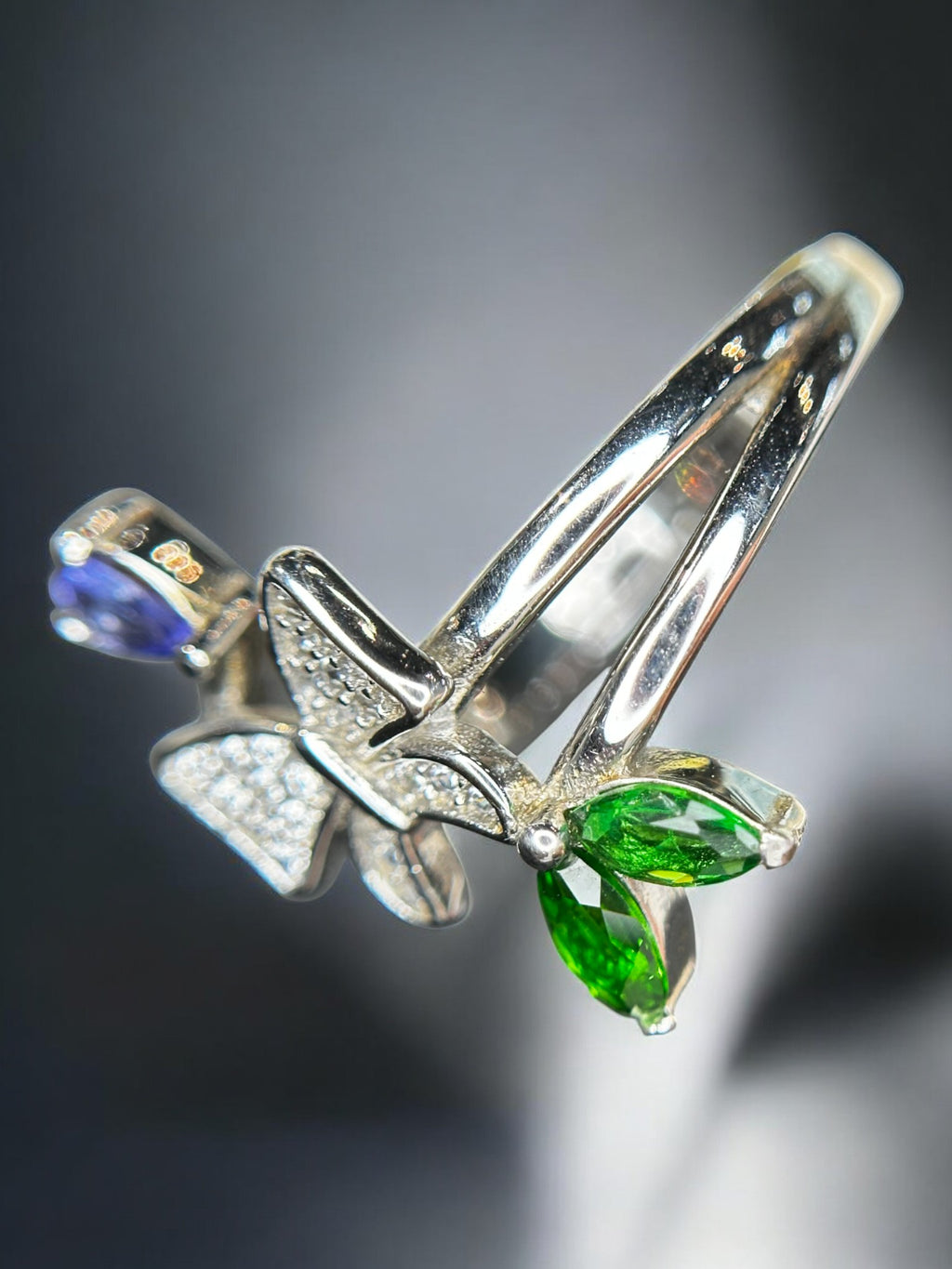 Whimsical Garden: Natural Tanzanite, Chrome Diopside & CZ Bow Bypass Ring in 925 Silver