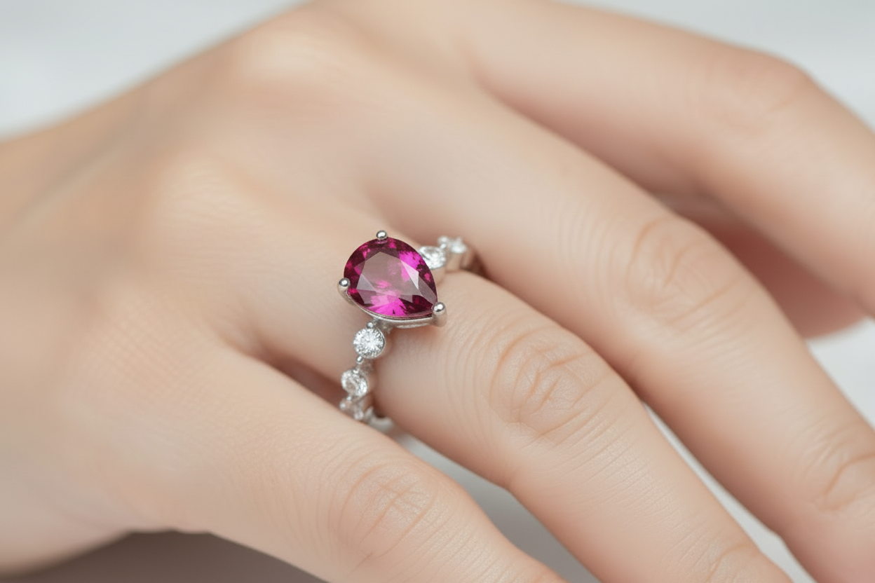 Ring with a pear-shaped pink gemstone and smaller clear stones on a dark background