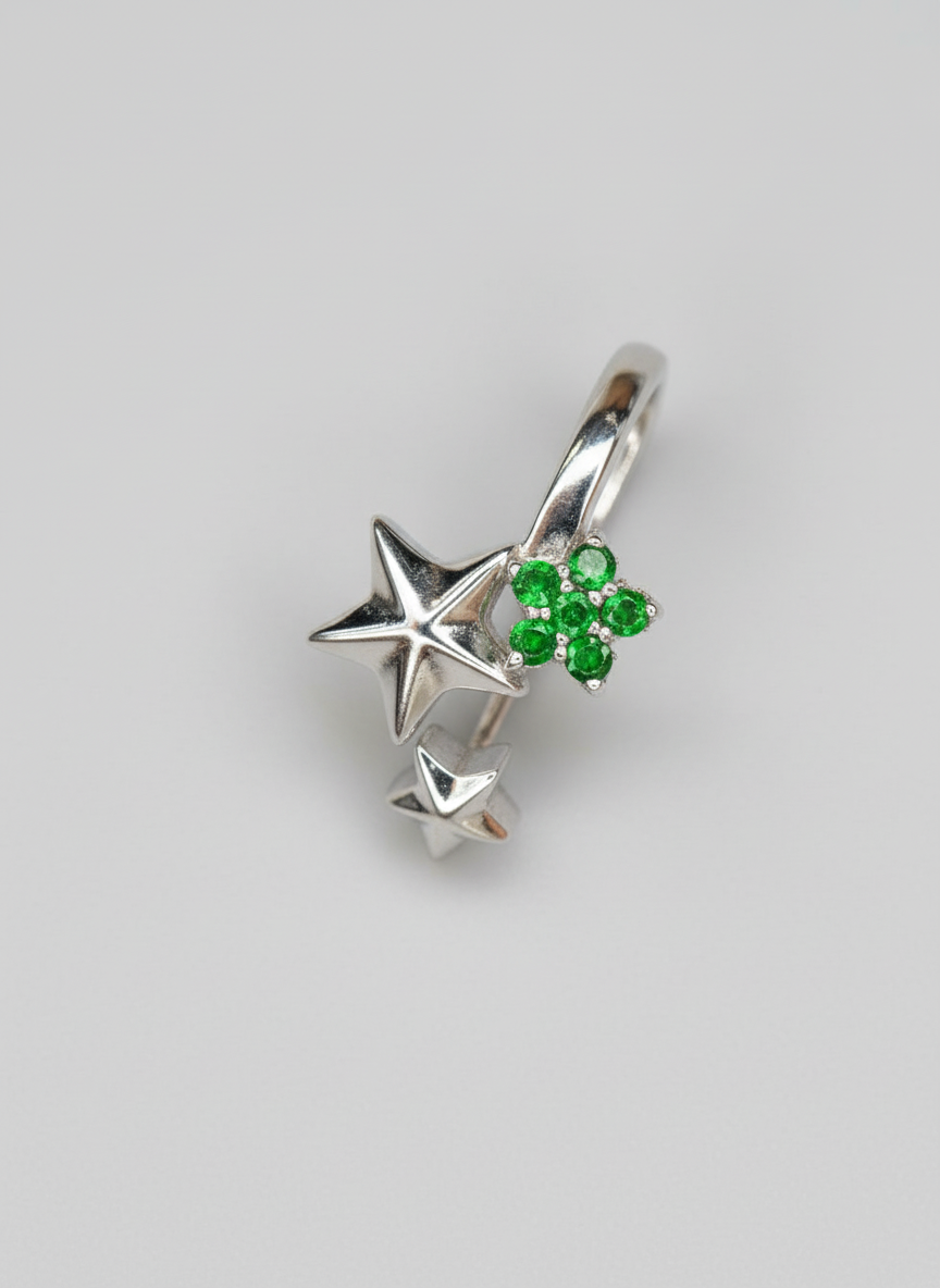 Celestial Sparkle: Natural Tsavorite Star Cluster Open Ring in 925 Silver
