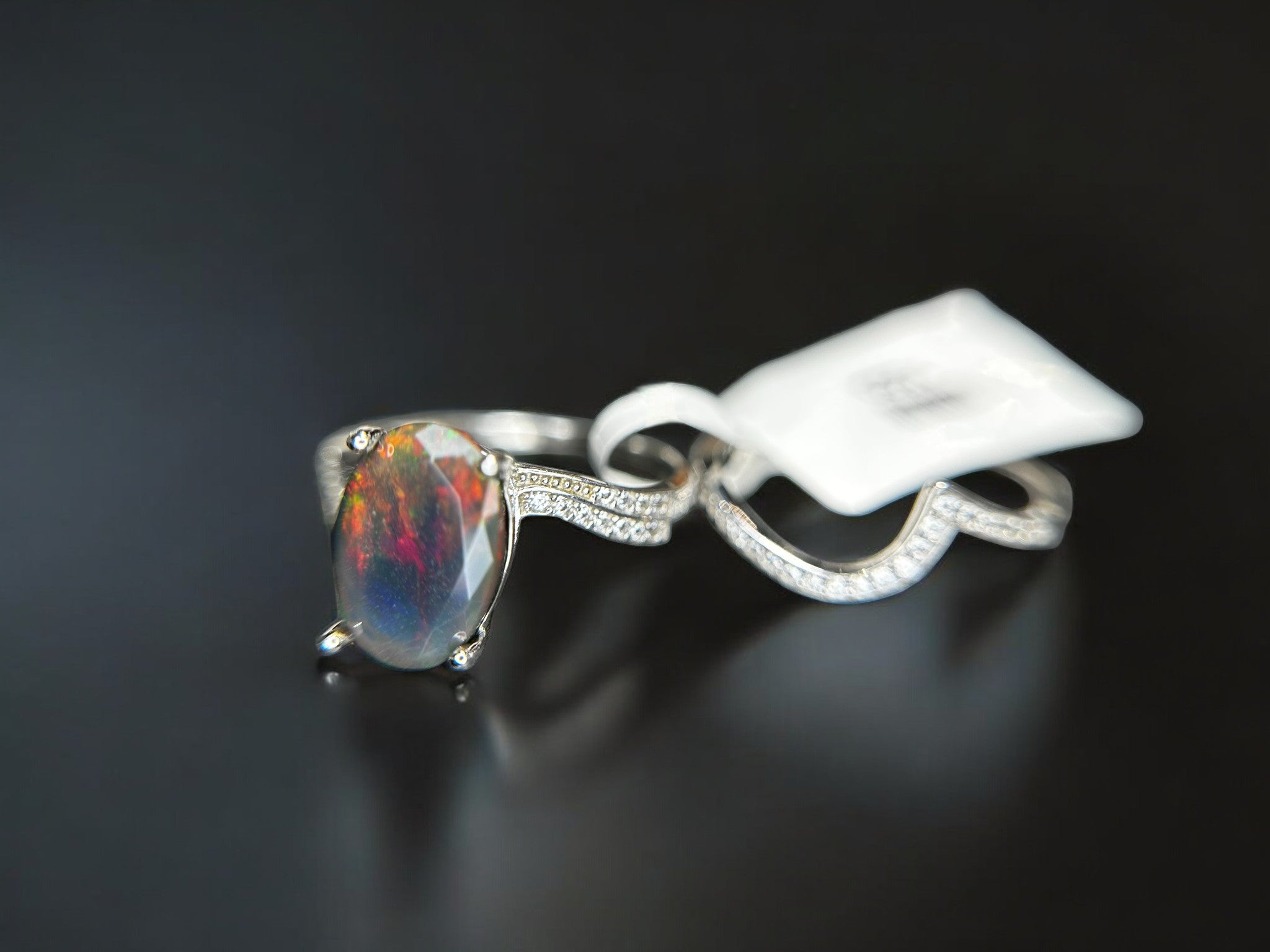 Cosmic Fire: Natural Black Opal & CZ Pavé Wrap Ring in 925 Silver