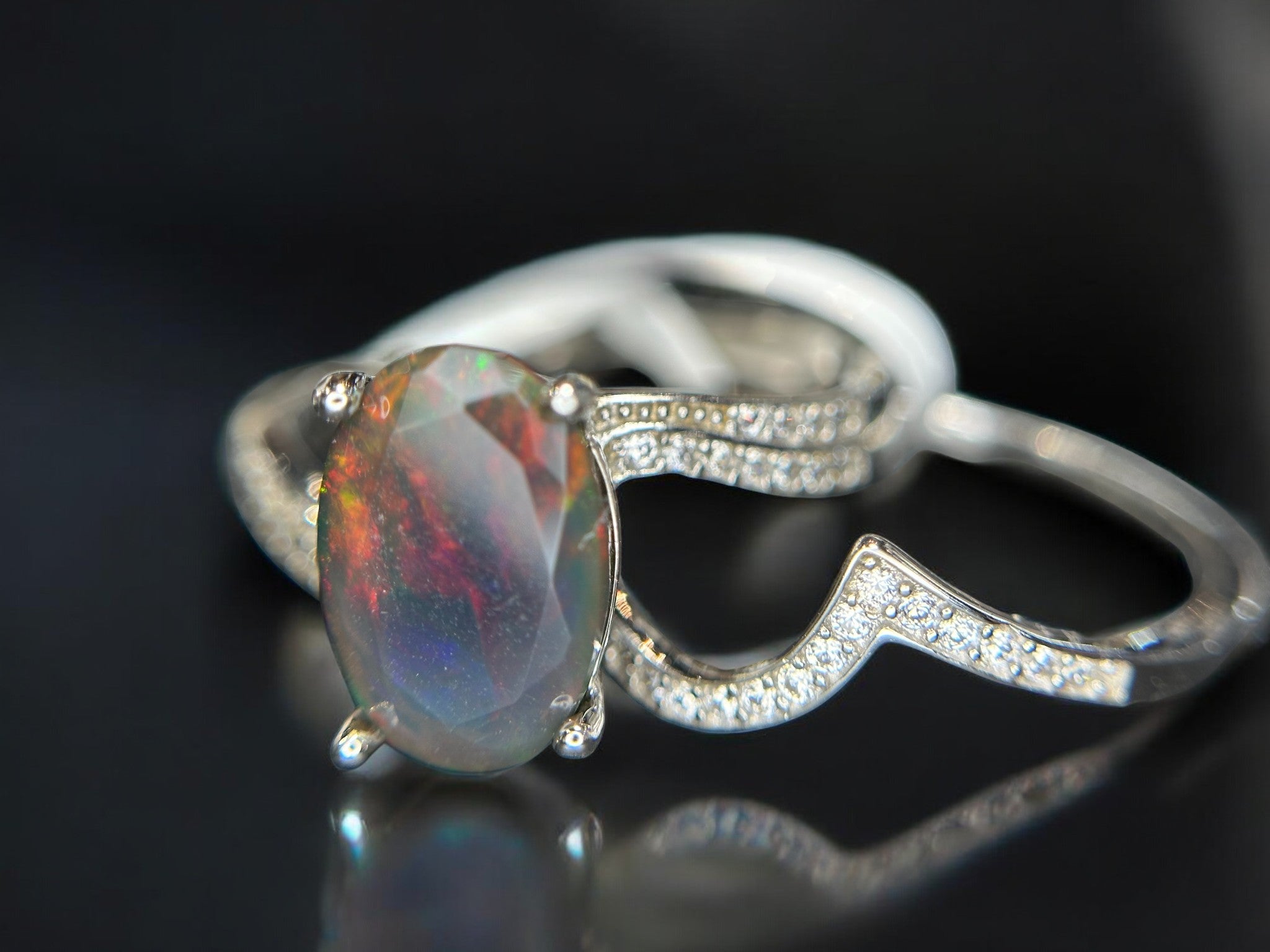Cosmic Fire: Natural Black Opal & CZ Pavé Wrap Ring in 925 Silver