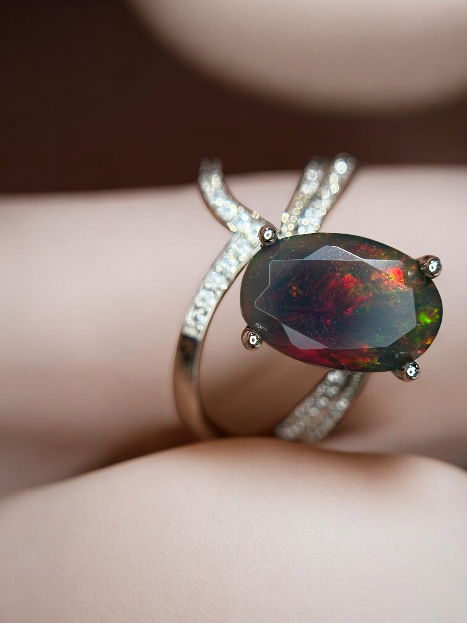Cosmic Fire: Natural Black Opal & CZ Pavé Wrap Ring in 925 Silver