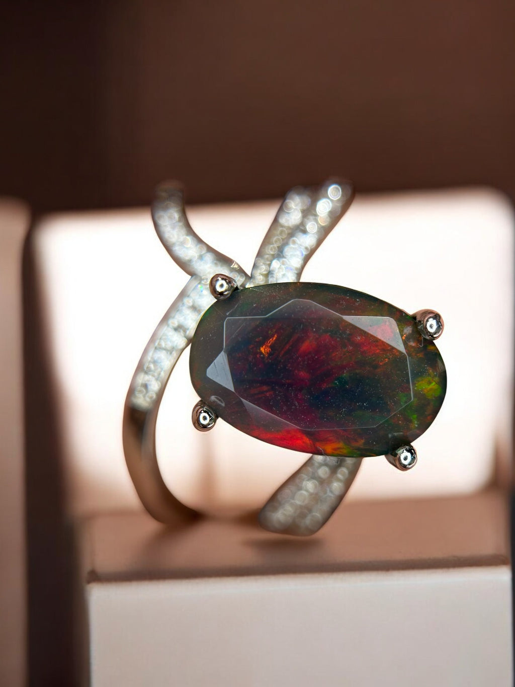 Cosmic Fire: Natural Black Opal & CZ Pavé Wrap Ring in 925 Silver