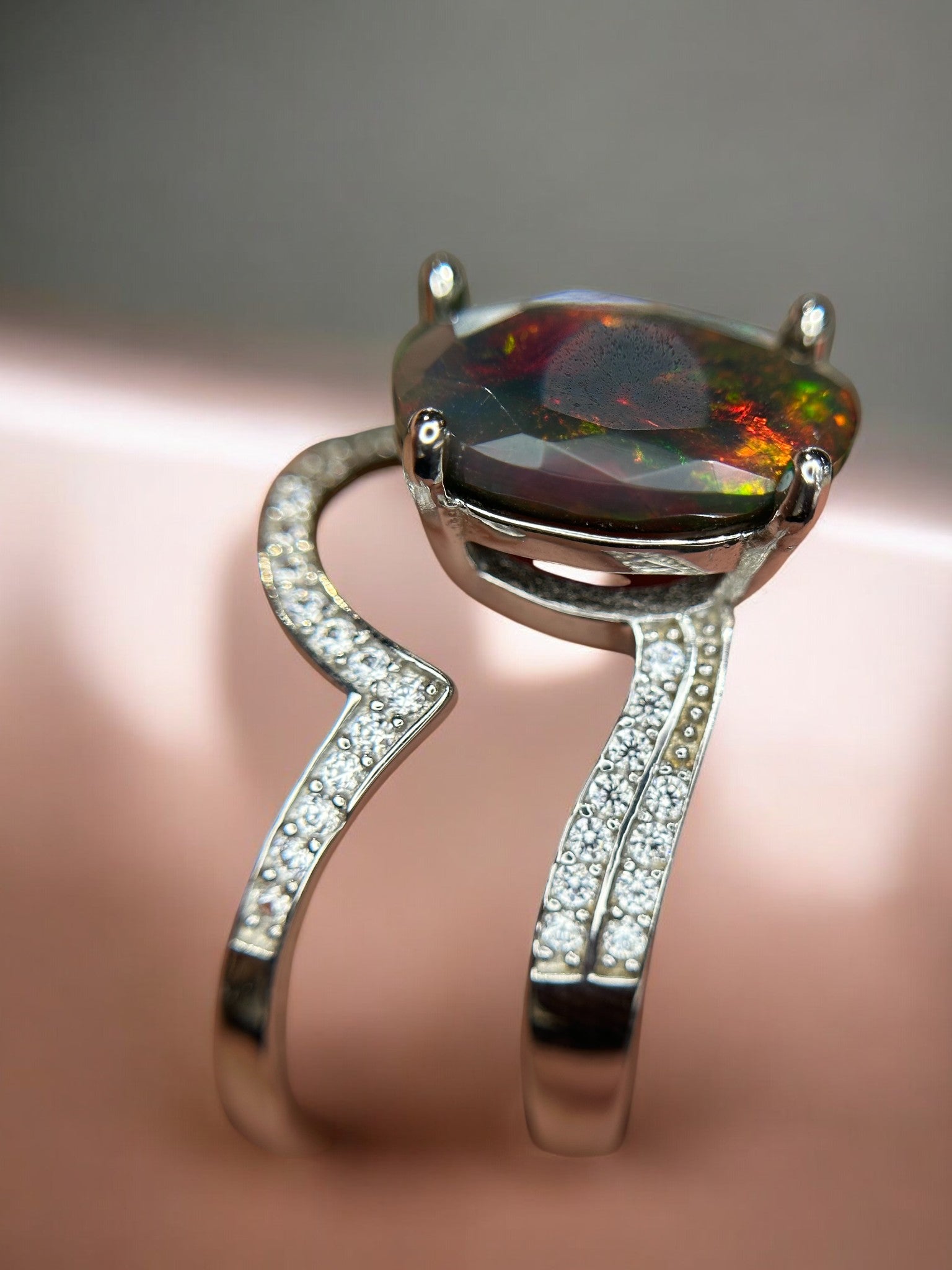 Cosmic Fire: Natural Black Opal & CZ Pavé Wrap Ring in 925 Silver