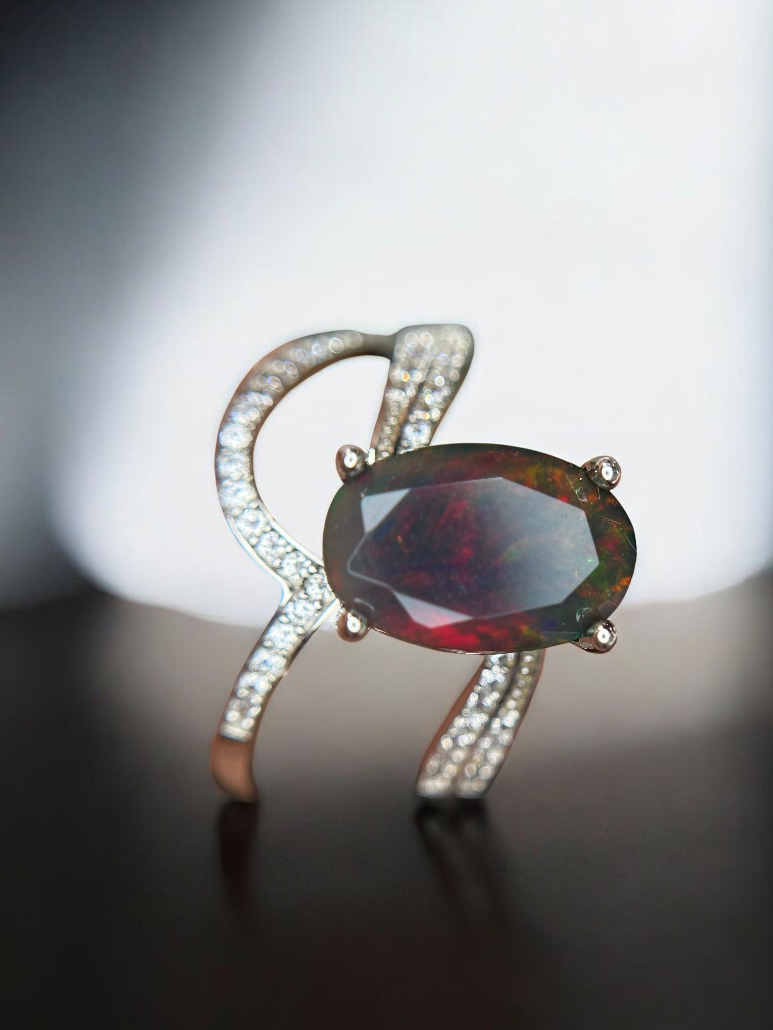 Cosmic Fire: Natural Black Opal & CZ Pavé Wrap Ring in 925 Silver