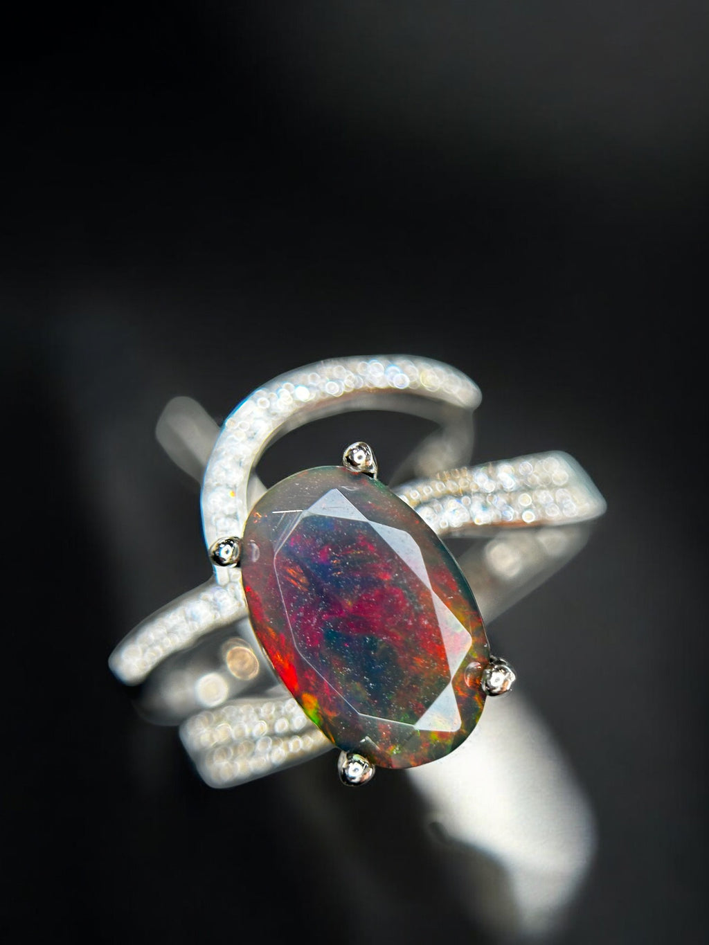 Cosmic Fire: Natural Black Opal & CZ Pavé Wrap Ring in 925 Silver