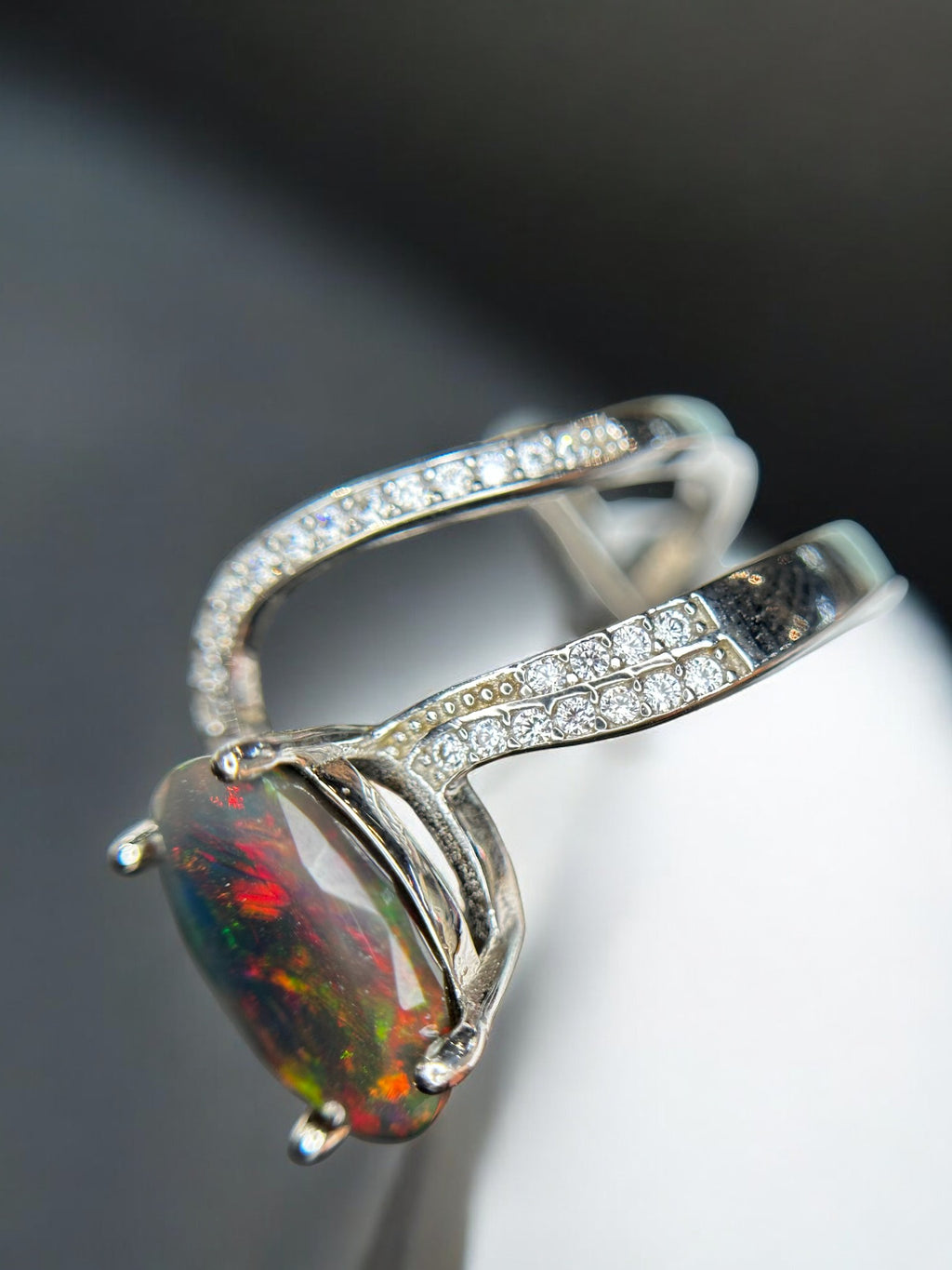 Cosmic Fire: Natural Black Opal & CZ Pavé Wrap Ring in 925 Silver