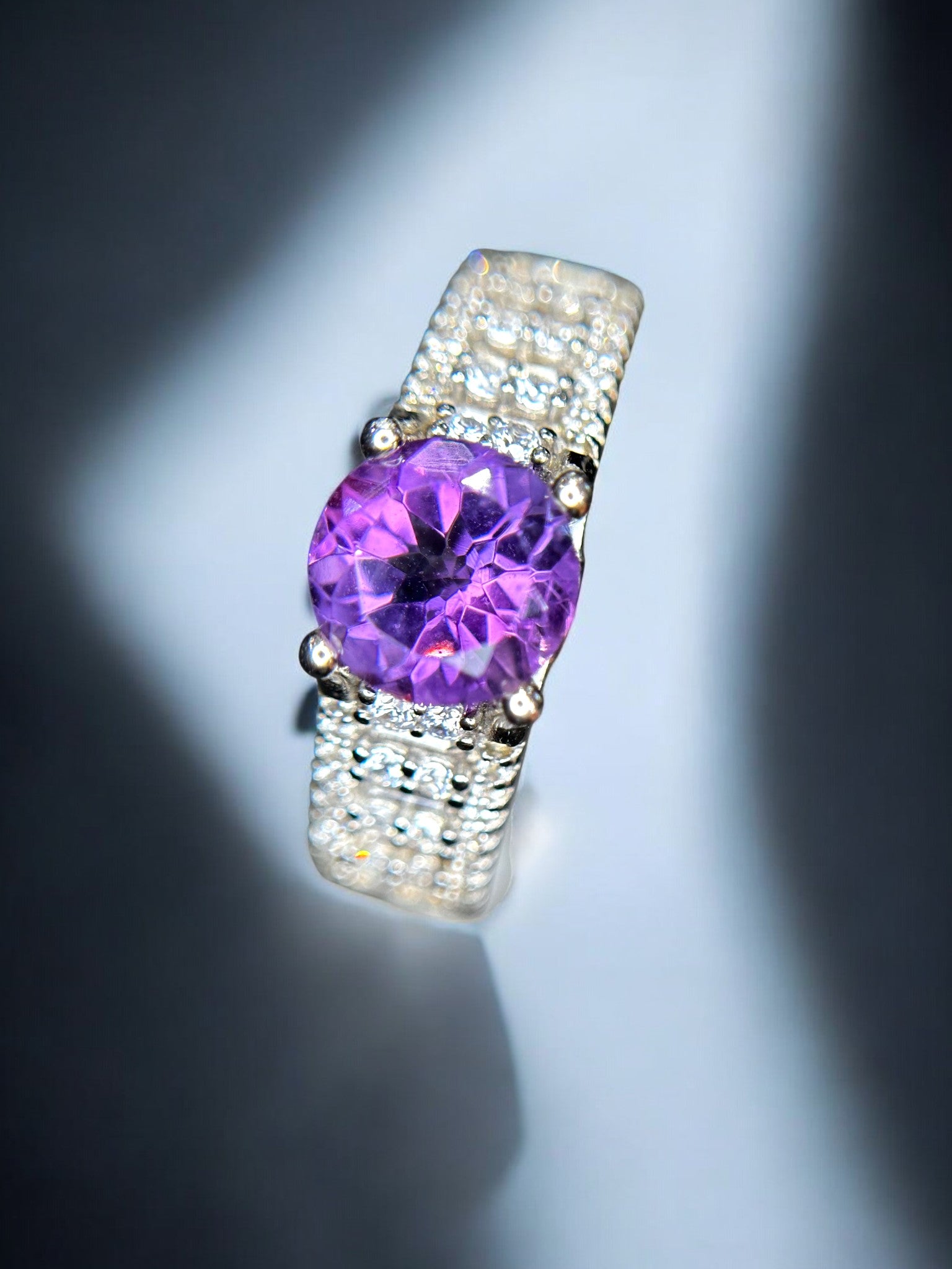Royal Radiance: Natural Amethyst Solitaire Ring on Wide Pavé-Set Band in 925 Silver