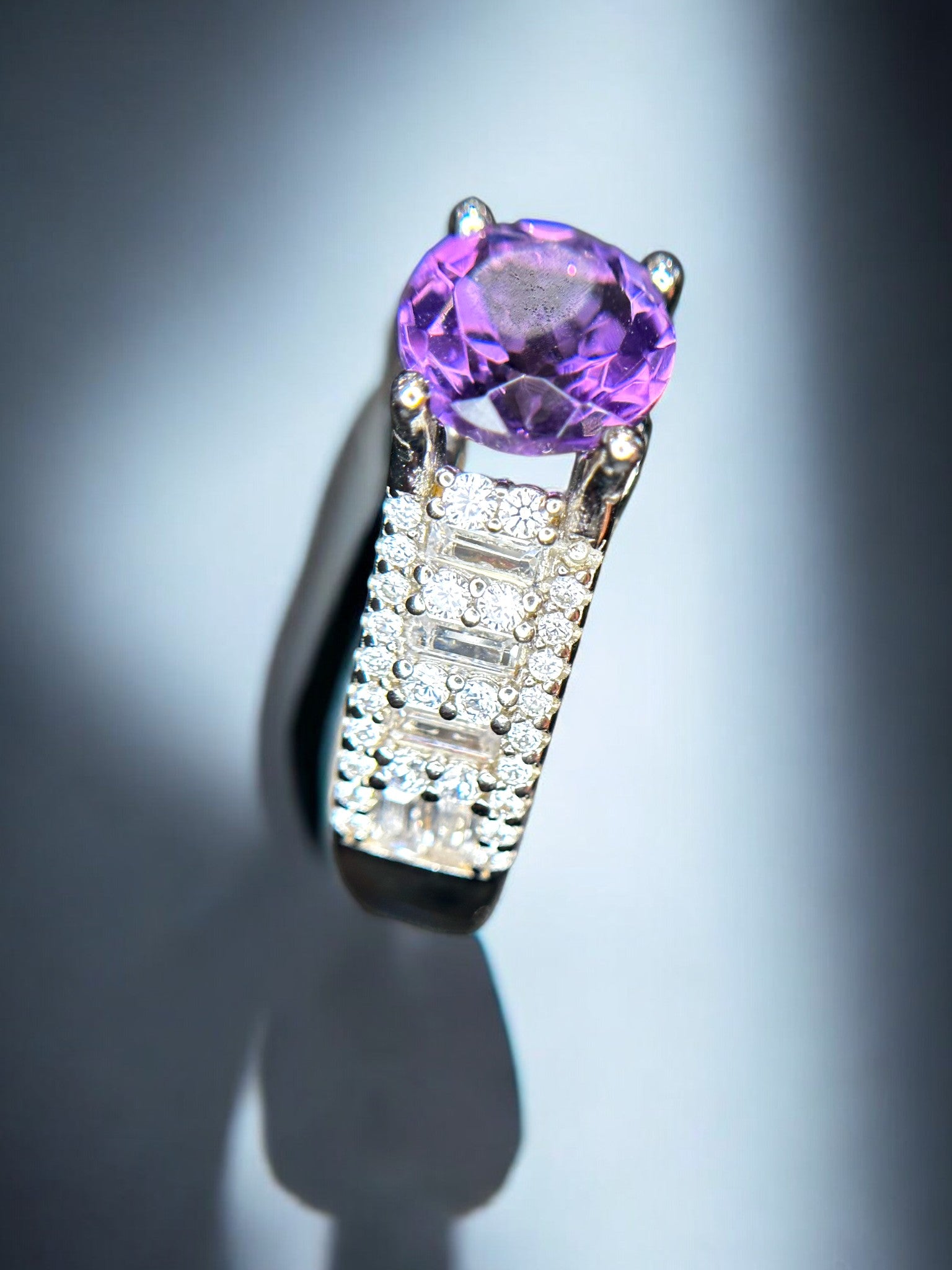 Royal Radiance: Natural Amethyst Solitaire Ring on Wide Pavé-Set Band in 925 Silver