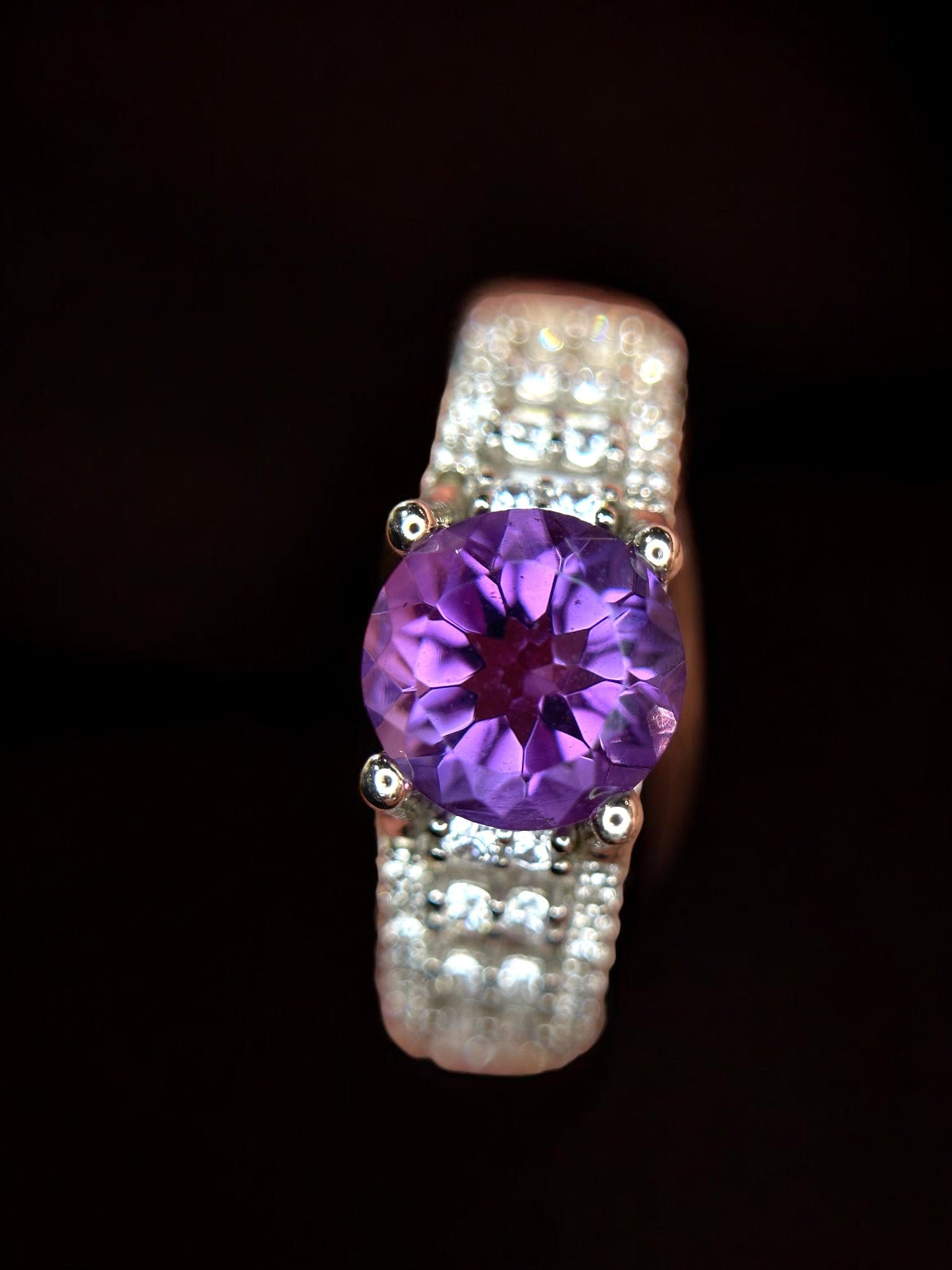 Royal Radiance: Natural Amethyst Solitaire Ring on Wide Pavé-Set Band in 925 Silver