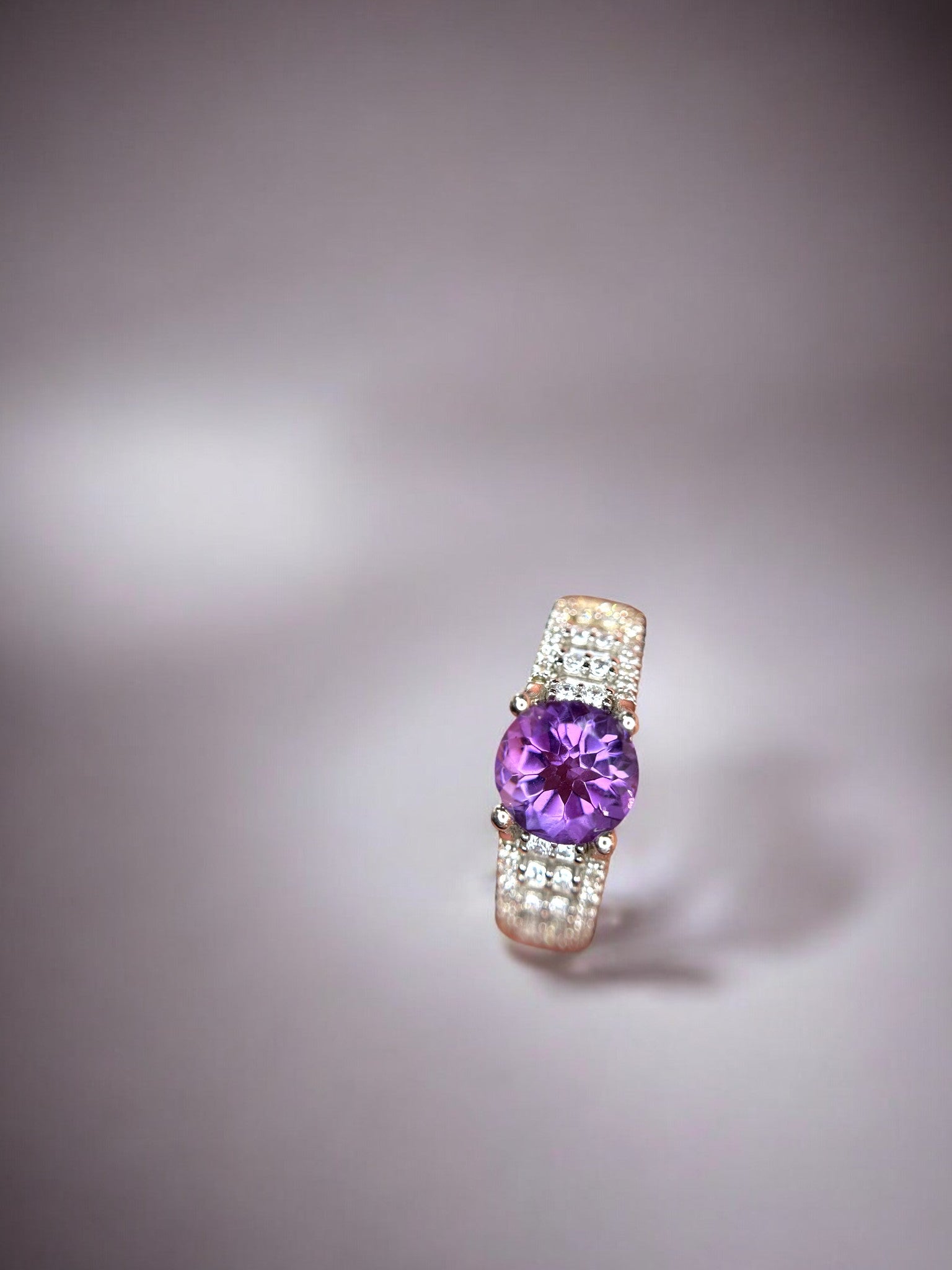 Royal Radiance: Natural Amethyst Solitaire Ring on Wide Pavé-Set Band in 925 Silver