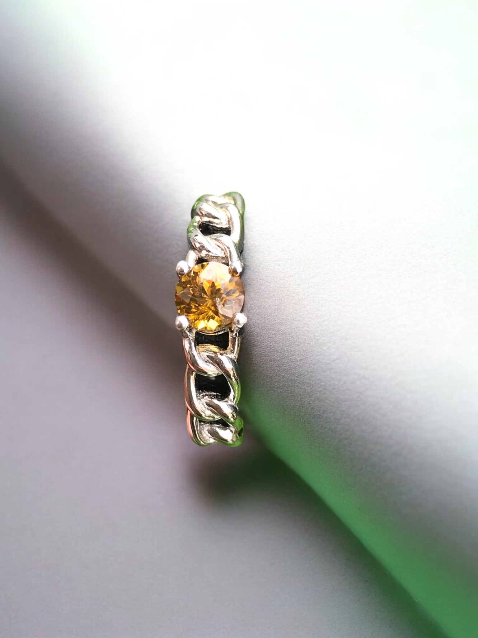 Natural Mali Garnet Ring - Sterling Silver Chain Link Band with Golden Yellow Gemstone