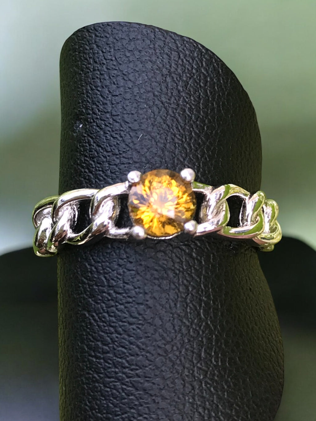 Natural Mali Garnet Ring - Sterling Silver Chain Link Band with Golden Yellow Gemstone