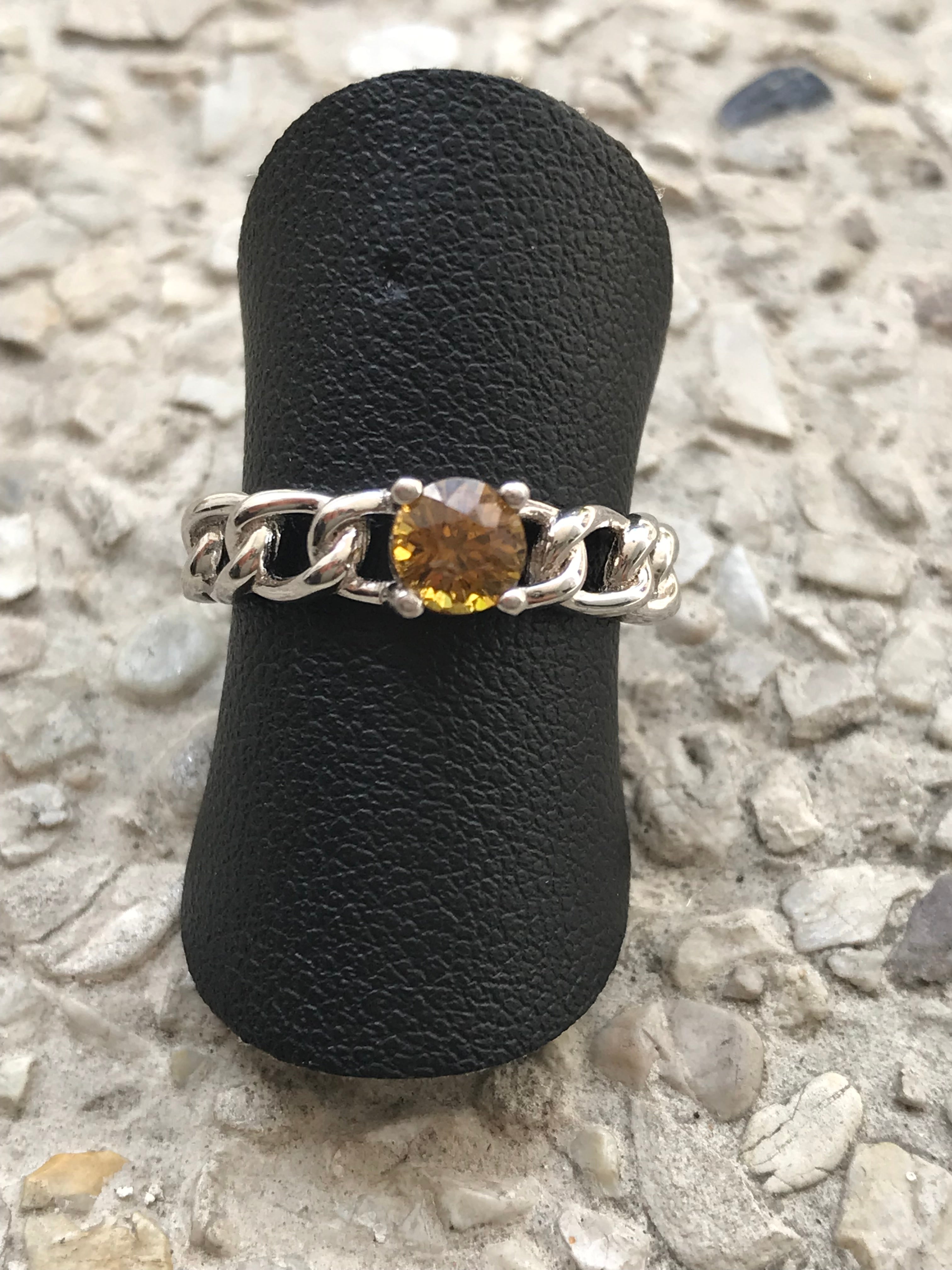 Natural Mali Garnet Ring - Sterling Silver Chain Link Band with Golden Yellow Gemstone