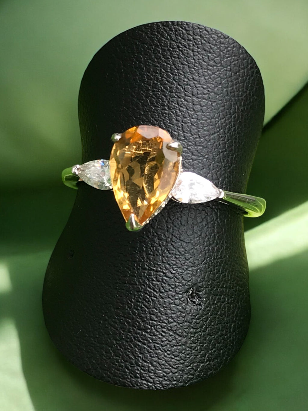 Natural Citrine Ring - Pear Cut Golden Yellow Gemstone with Cubic Zirconia Side Stones in Sterling Silver
