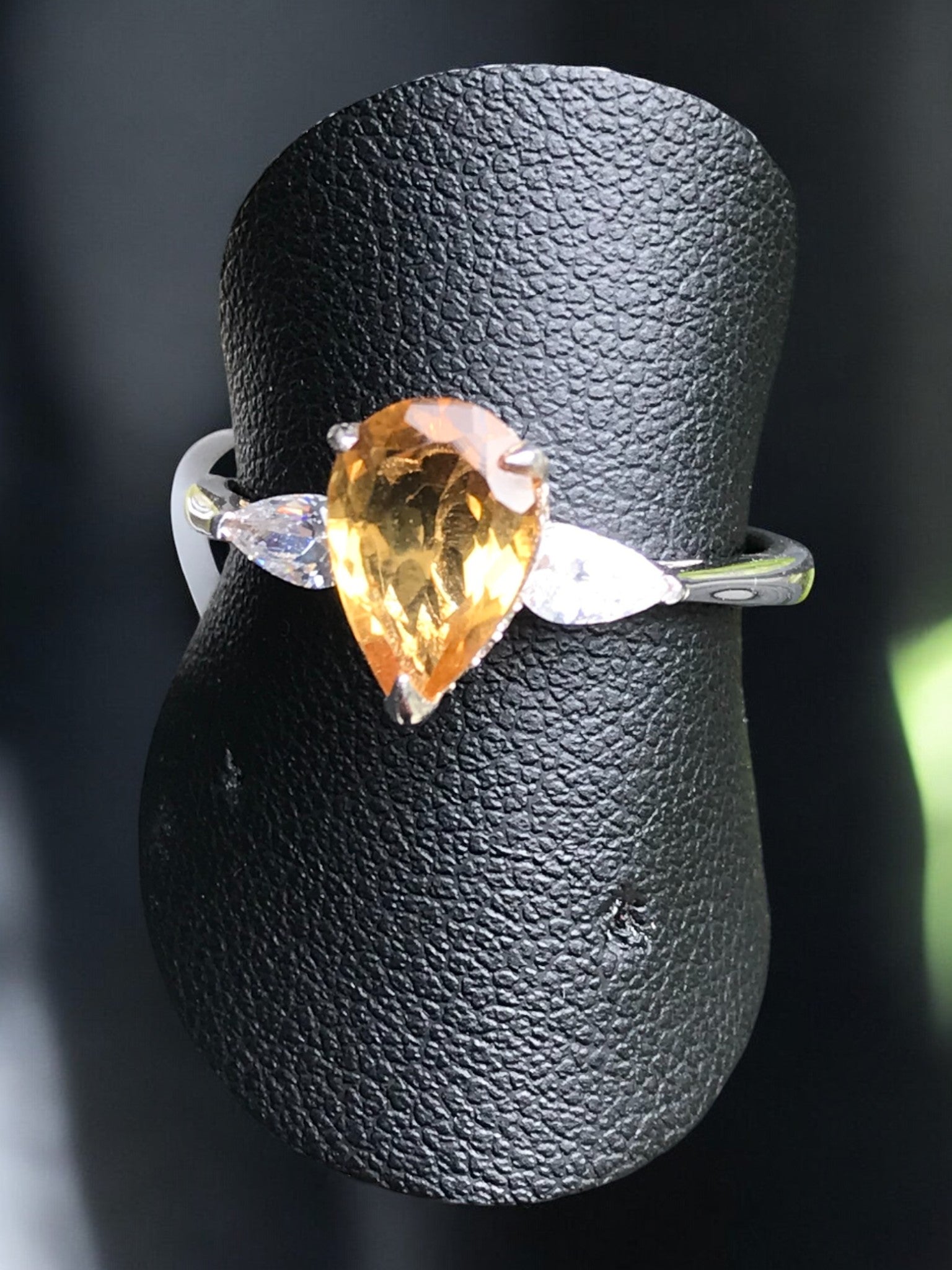 Natural Citrine Ring - Pear Cut Golden Yellow Gemstone with Cubic Zirconia Side Stones in Sterling Silver