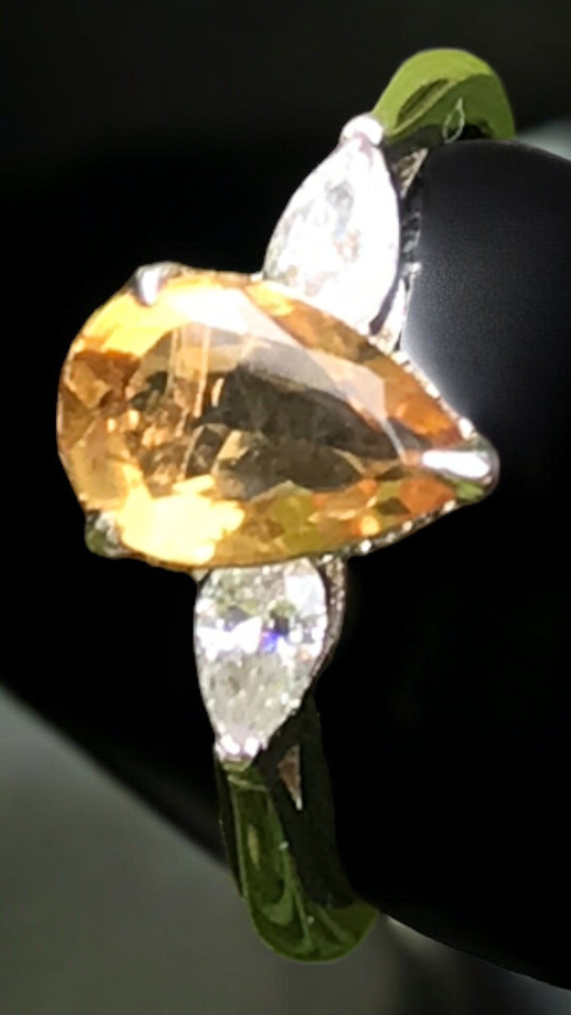 Natural Citrine Ring - Pear Cut Golden Yellow Gemstone with Cubic Zirconia Side Stones in Sterling Silver