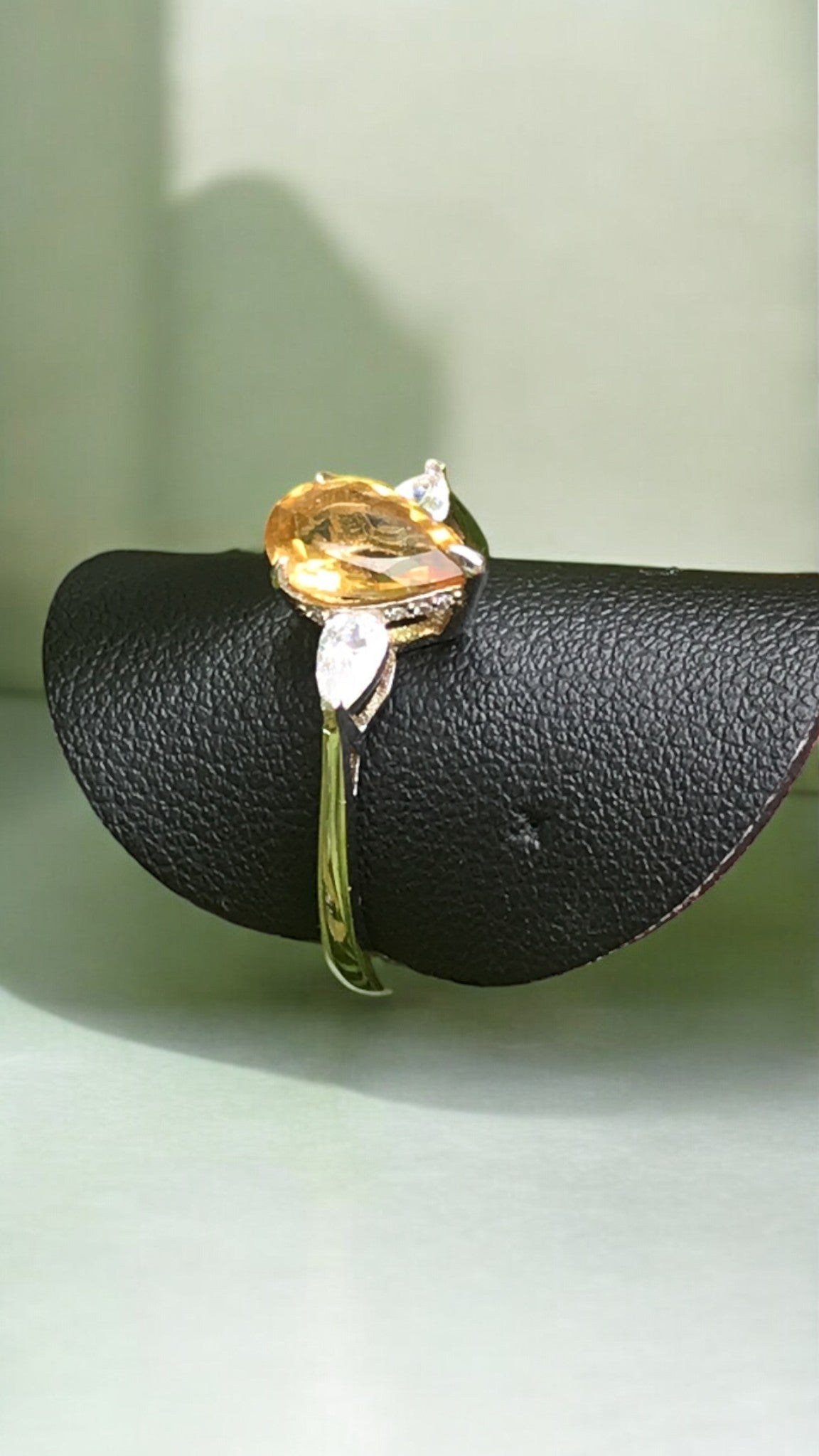 Natural Citrine Ring - Pear Cut Golden Yellow Gemstone with Cubic Zirconia Side Stones in Sterling Silver