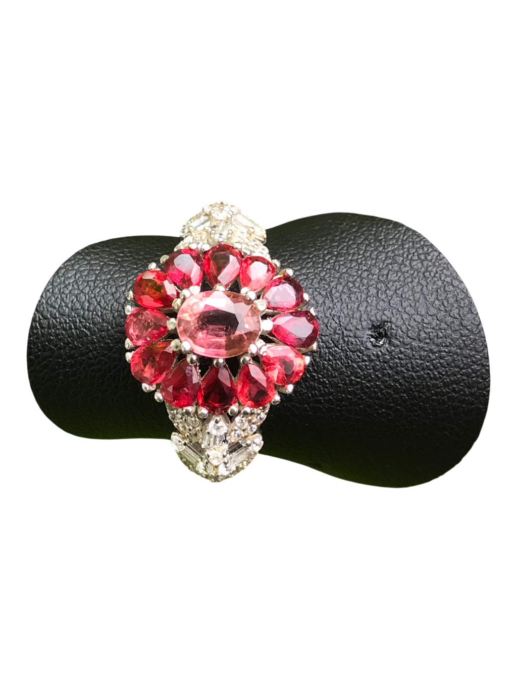 Natural Pink Tourmaline Cluster Ring - Oval Center with Songea Sapphires and CZ Accents in Sterling Silver