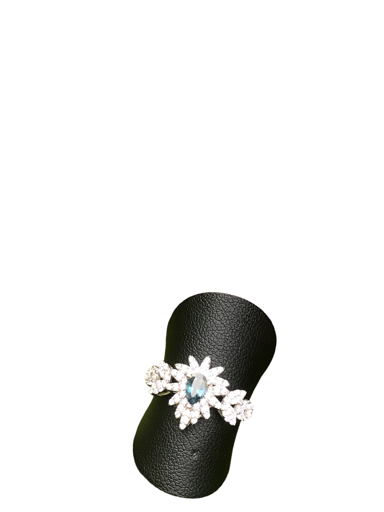 Natural Blue Sapphire Floral Ring - Pear Cut Teal Blue Center with CZ Petal Halo in Sterling Silver