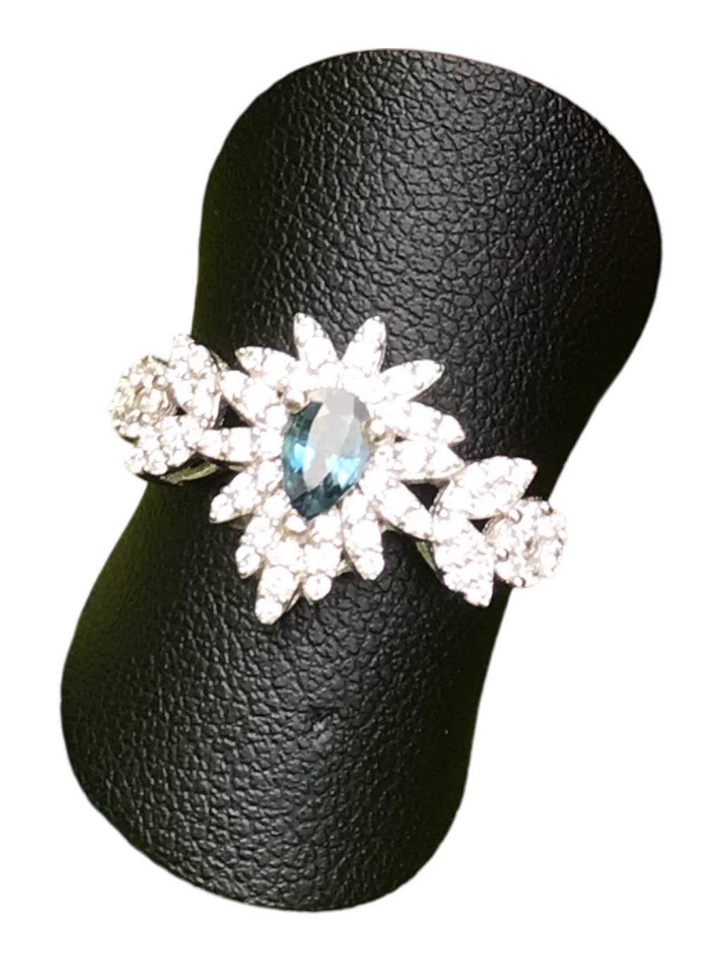 Natural Blue Sapphire Floral Ring - Pear Cut Teal Blue Center with CZ Petal Halo in Sterling Silver